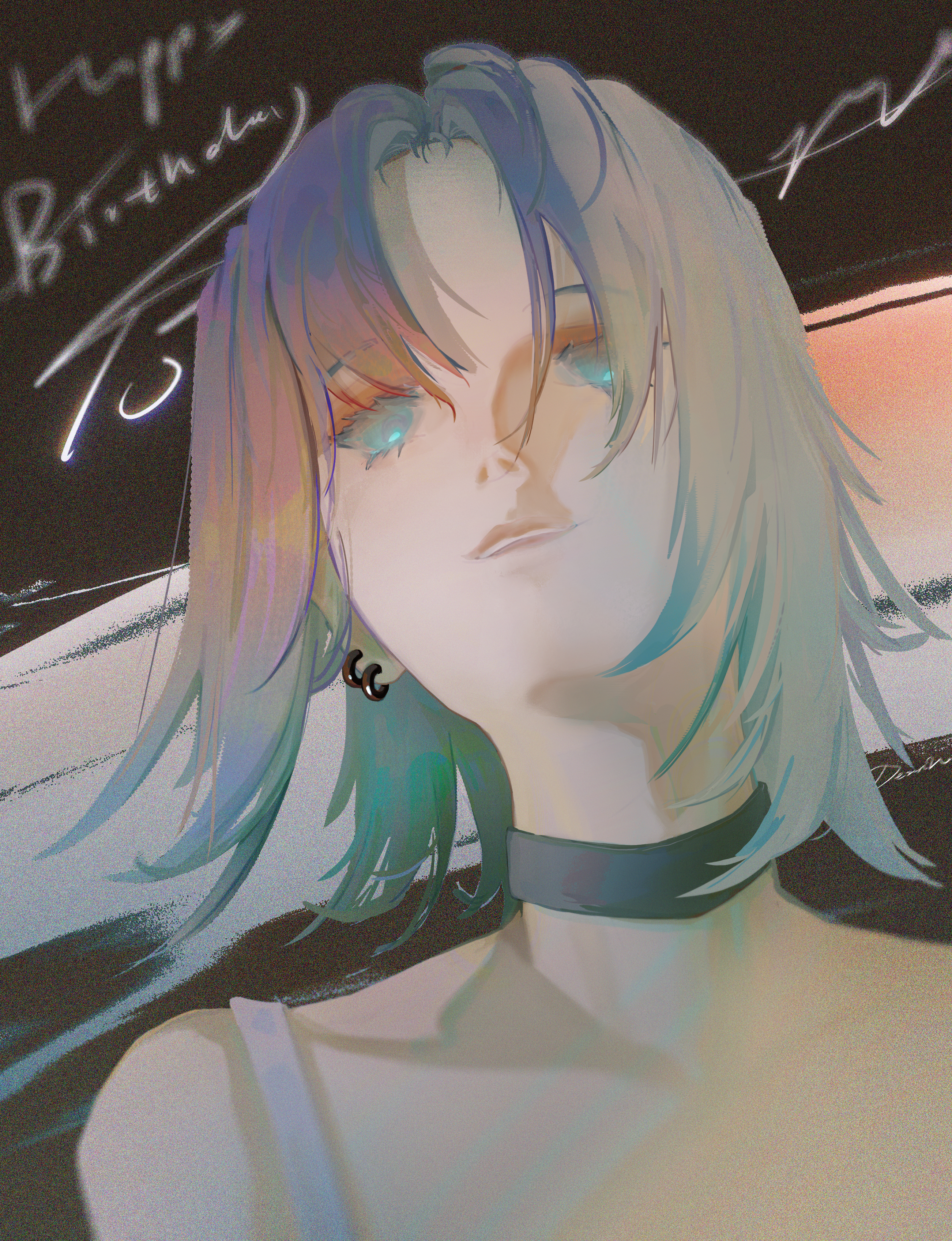 dernw (verh2245), asakura toru, idolmaster, idolmaster shiny colors, absurdres, commentary, highres, 1girl, black choker, blue eyes, blue hair, choker, ear piercing, gradient hair, hair between eyes, happy birthday, multicolored hair, open mouth, parted bangs, piercing, purple hair, solo, upper body