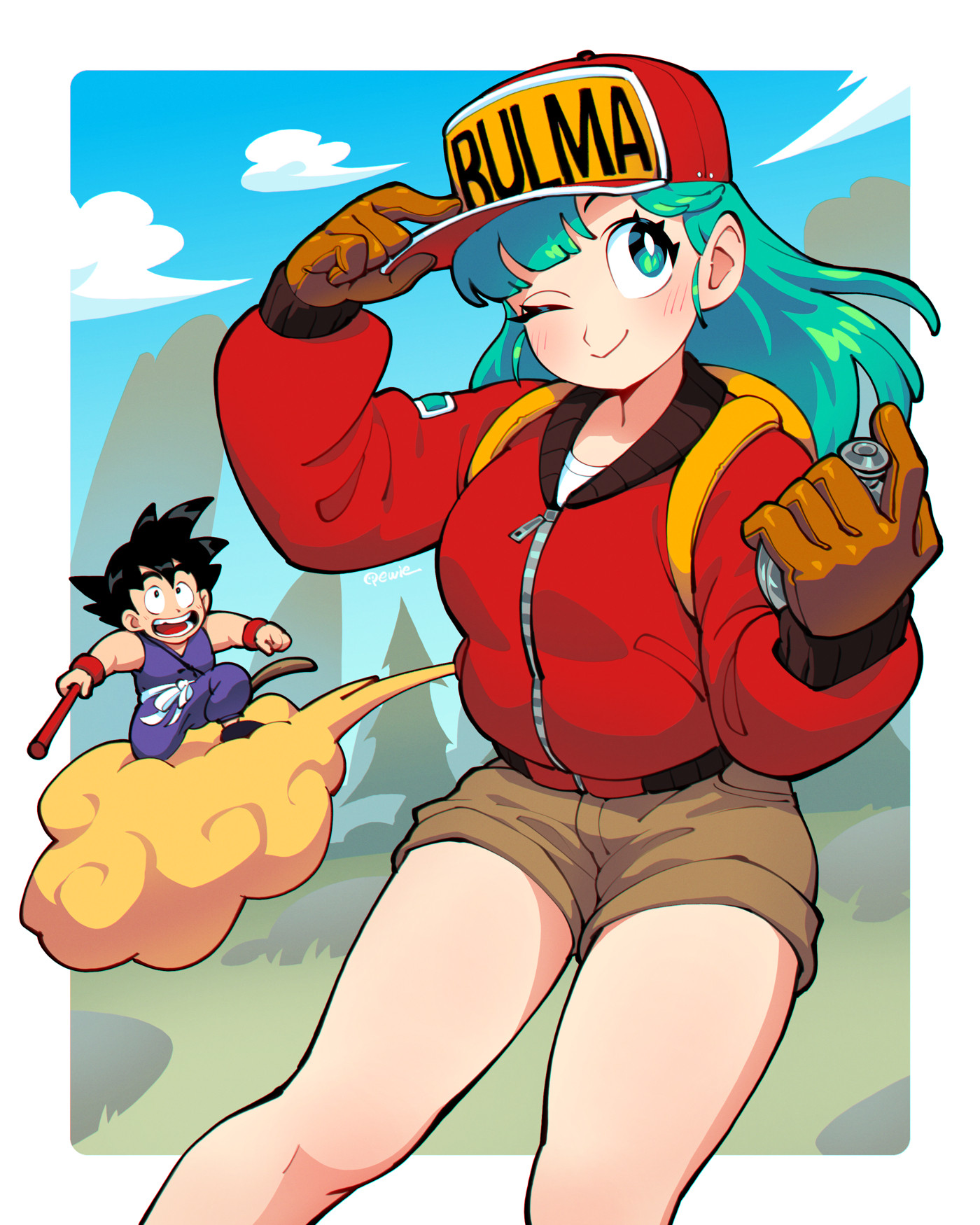333 (dqqqdle), bulma, flying nimbus, son goku, dragon ball, dragon ball (classic), highres, 1boy, 1girl, baseball cap, blue pants, blue shirt, blush, brown gloves, brown shorts, character name, gloves, green eyes, green hair, hat, holding, holding weapon, jacket, long hair, long sleeves, one eye closed, pants, red hat, red jacket, ruyi jingu bang, shirt, shorts, sleeveless, sleeveless shirt, spiked hair, tree, weapon, white shirt