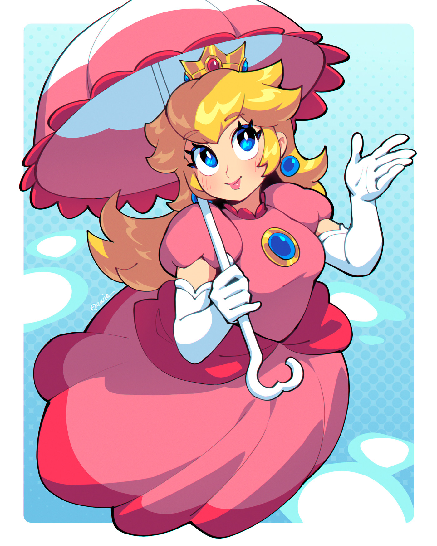 333 (dqqqdle), princess peach, mario (series), nintendo, highres, 1girl, blonde hair, blue eyes, bright pupils, crown, dress, earrings, elbow gloves, gloves, holding, holding umbrella, jewelry, long dress, long hair, parasol, pink dress, pink umbrella, puffy short sleeves, puffy sleeves, short sleeves, solo, sphere earrings, umbrella, white gloves, white pupils