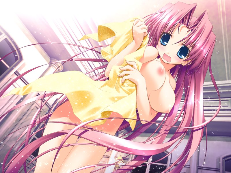 oono tetsuya, karin mibu, mibu karin, prism ark, game cg, 00s, 1girl, blue eyes, blush, breasts, d:, dutch angle, female focus, hair censor, indoors, large breasts, long hair, nipples, nude, open mouth, parted bangs, pink hair, solo, thigh gap, towel, very long hair, window