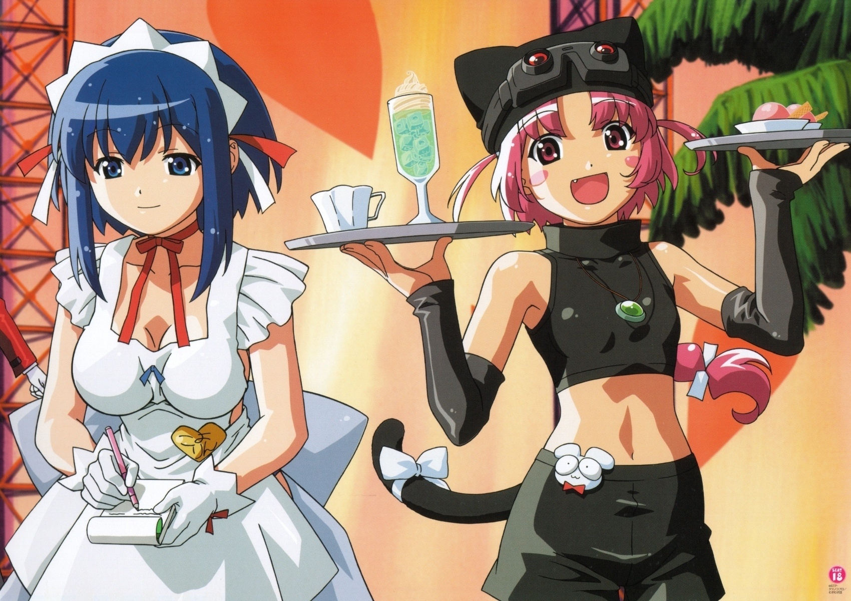 kokubunji koyori, nakahara komugi, nurse witch komugi-chan, highres, 00s, 2girls, apron, blue eyes, blue hair, braid, breasts, fang, flat chest, large breasts, multiple girls, naked apron, pink eyes, pink hair, short hair, waitress