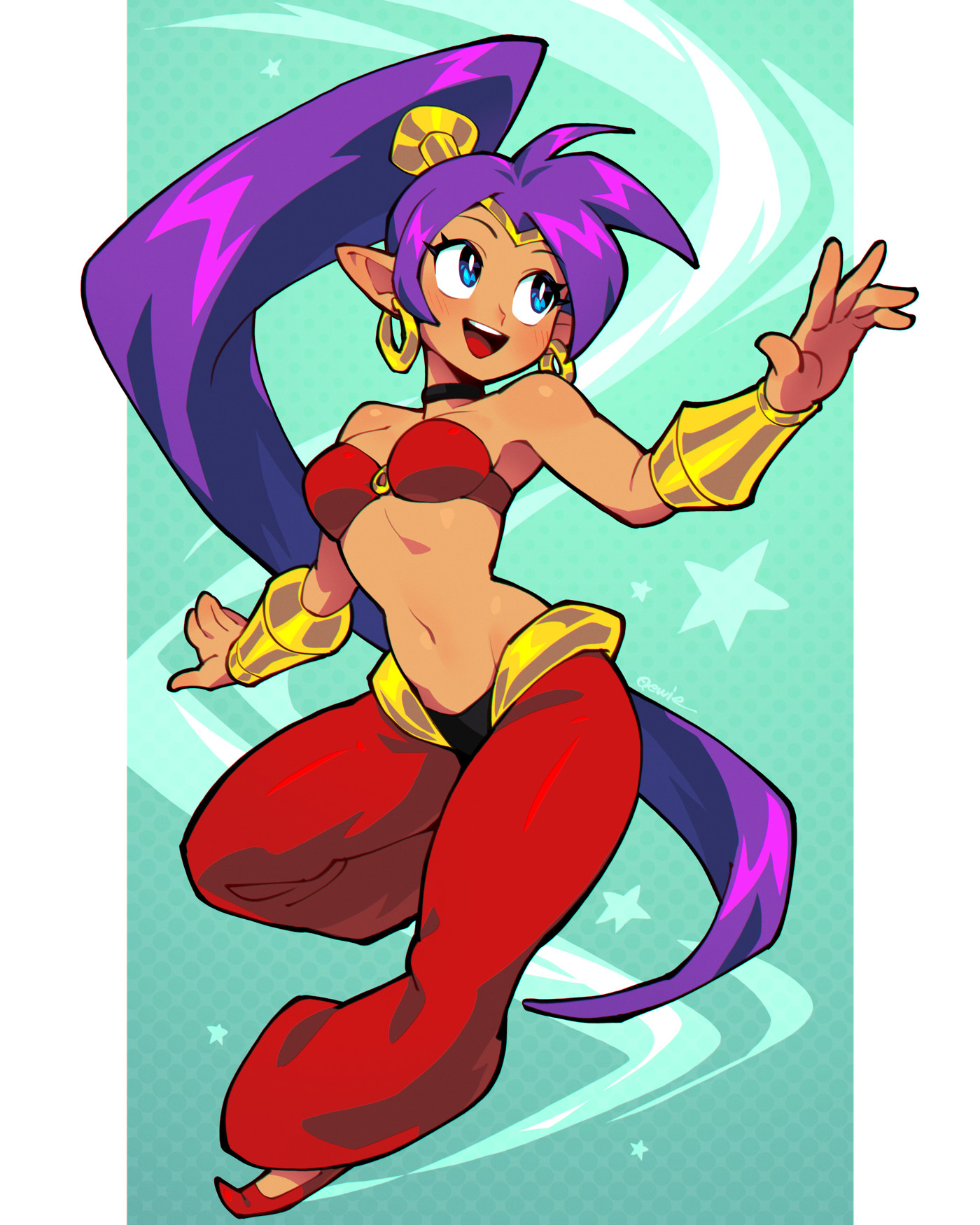333 (dqqqdle), shantae, shantae (series), pointy footwear, commentary, highres, 1girl, aqua background, arabian clothes, bandeau, belly dancing, big hair, blue eyes, border, bracer, breasts, choker, dancer, dark-skinned female, dark skin, earrings, harem pants, hoop earrings, jewelry, long hair, medium breasts, navel, o-ring, o-ring top, open mouth, pants, pointy ears, ponytail, purple hair, solo, star (symbol), star symbol background, tiara, very long hair, white border