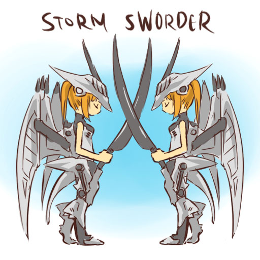 storm sworder, zoids, 2girls, blonde hair, closed eyes, crossed swords, english text, mecha musume, multiple girls, ponytail, sword, symmetry, weapon, wings