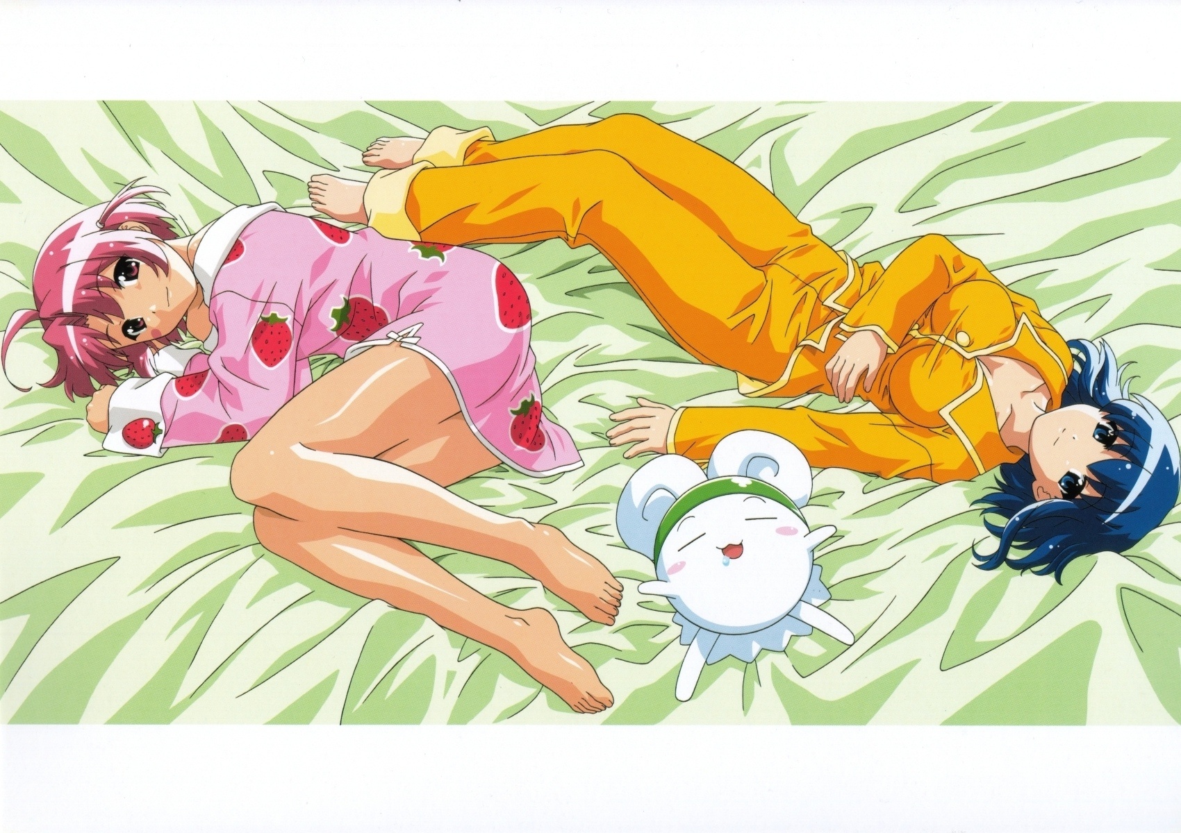 itou katsunobu, kokubunji koyori, nakahara komugi, nurse witch komugi-chan, highres, official art, 00s, 2girls, barefoot, bed, bed sheet, blue eyes, blue hair, feet, lying, mugi-maru, multiple girls, on back, on side, pajamas, pink eyes, pink hair
