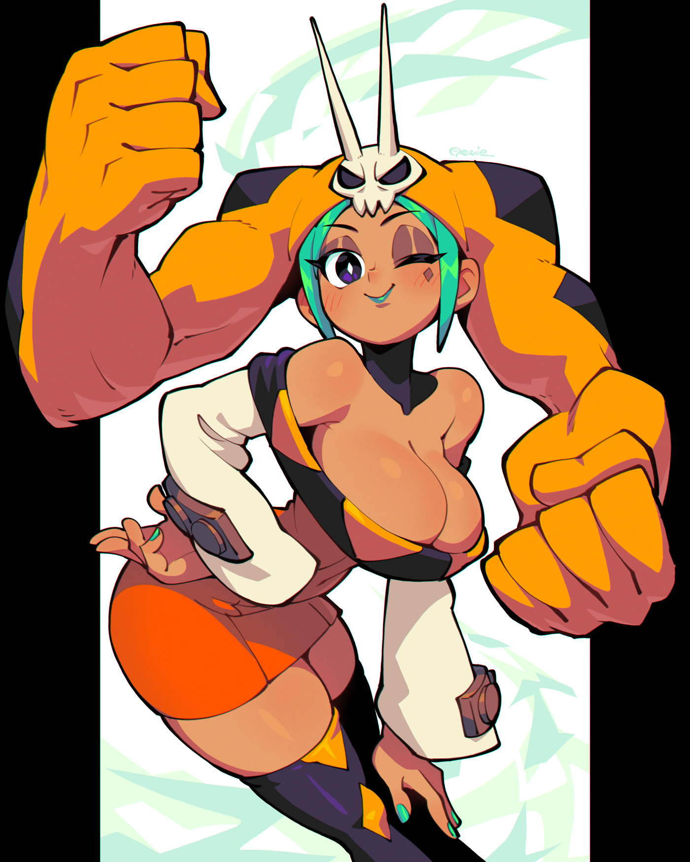 333 (dqqqdle), cerebella (skullgirls), vice-versa (skullgirls), skullgirls, highres, 1girl, bare shoulders, breasts, cleavage, dark skin, dress, eyeshadow, green hair, green nails, hand on own hip, hat, large breasts, leaning forward, lipstick, living clothes, makeup, nail polish, one eye closed, outside border, short dress, short hair, solo, thighhighs