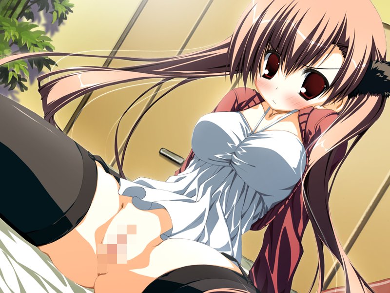 kagome (traumatize), tabata yui, h2o footprints in the sand, game cg, 00s, 1girl, angry, bed, black thighhighs, blush, breasts, brown hair, cardigan, censored, collarbone, dress, female focus, hair ornament, large breasts, long hair, long sleeves, looking at viewer, no panties, on bed, open cardigan, open clothes, plant, pussy, red cardigan, red eyes, sitting, sleeveless, sleeveless dress, solo, spread legs, thighhighs, twintails, white dress