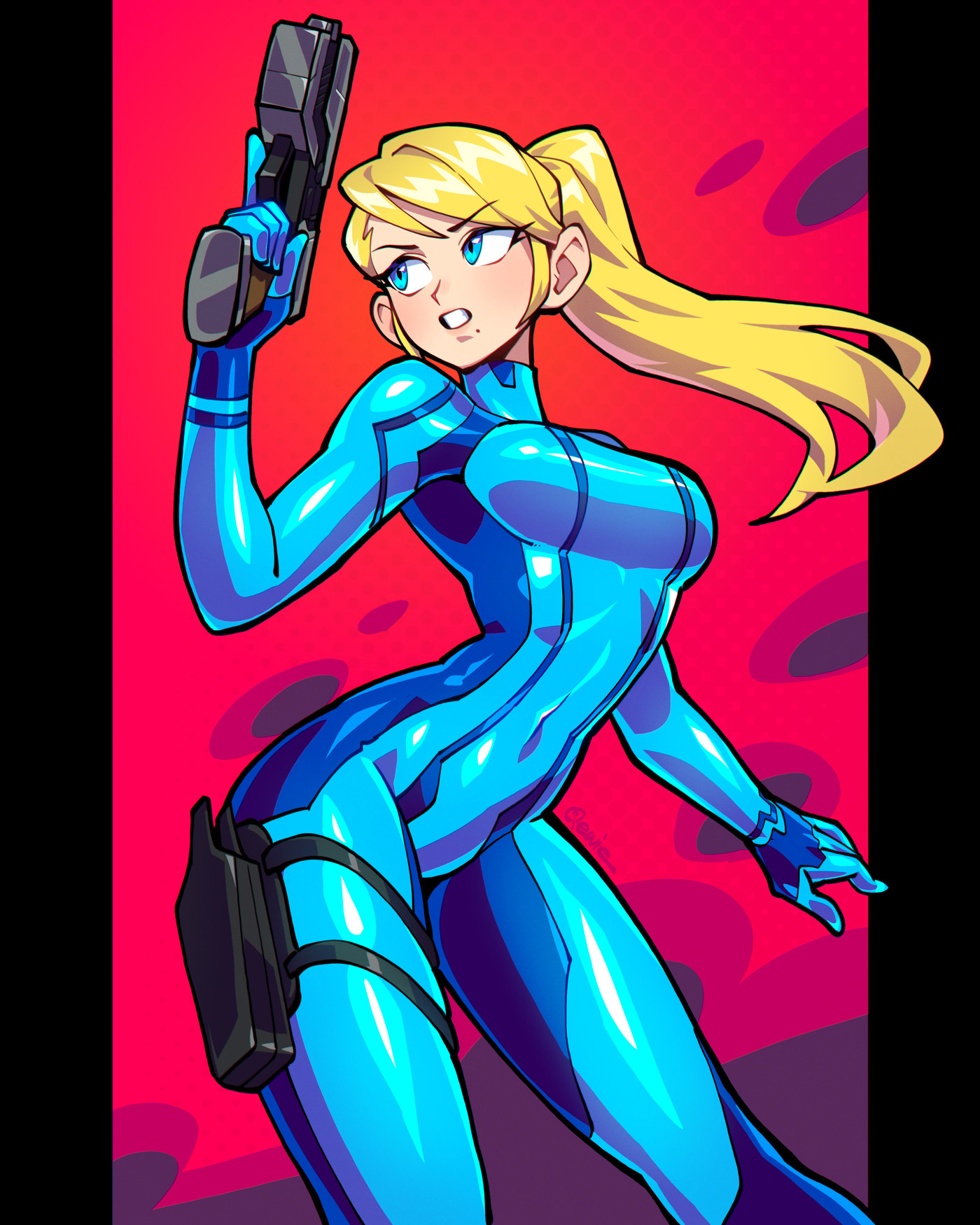 333 (dqqqdle), samus aran, metroid, nintendo, highres, 1girl, abstract background, blonde hair, blue bodysuit, blue eyes, bodysuit, breasts, clenched teeth, cowboy shot, gun, hand up, handgun, holding, holding gun, holding weapon, holster, looking to the side, mole, mole under mouth, paralyzer, ponytail, skin tight, solo, standing, teeth, thigh holster, trigger discipline, weapon, zero suit