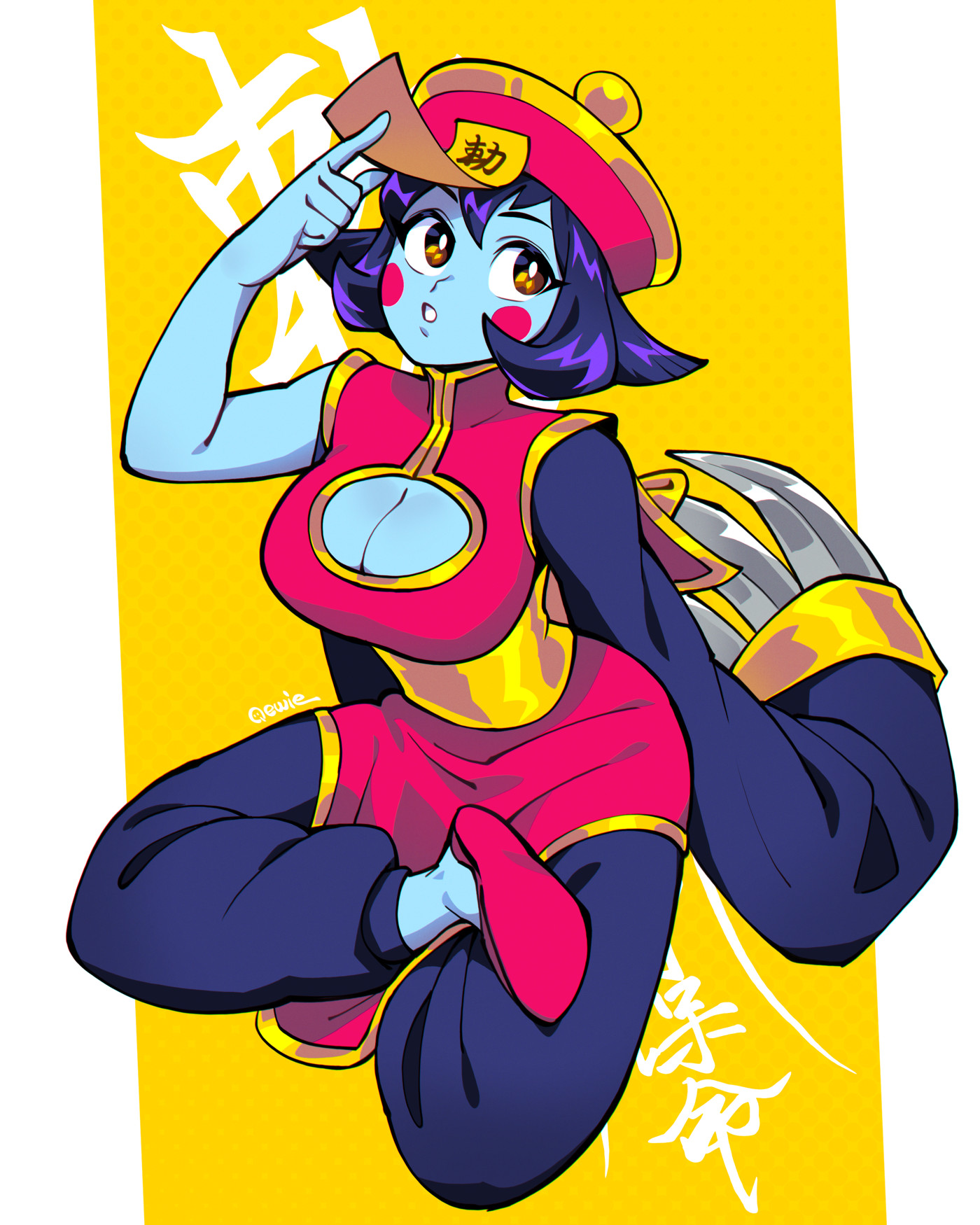 333 (dqqqdle), hsien-ko, darkstalkers, highres, 1girl, blue skin, breasts, chinese clothes, claws, cleavage, colored skin, half lotus position, hat, jiangshi, ofuda, purple hair, qingdai guanmao, short hair, sitting, solo, yellow eyes