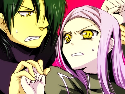 hio (artist), allelujah haptism, hallelujah haptism, soma peries, gundam, gundam 00, lowres, 00s, 1boy, 1girl, clenched teeth, elf, green hair, hetero, holding hands, long hair, long sleeves, pink background, pink hair, pointy ears, scared, simple background, sweatdrop, teeth, upper body, very long hair, yellow eyes