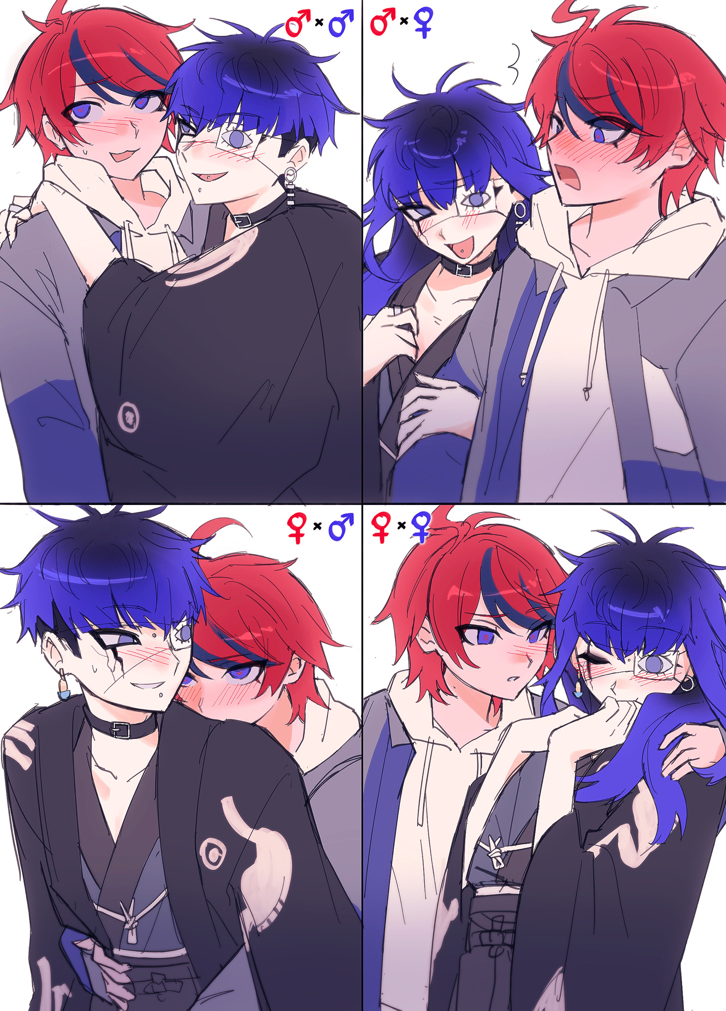 babykatafan, omokage yugamu, sumino takumi, the hundred line -last defense academy-, commentary, english commentary, highres, revision, 2boys, 2girls, ahoge, arm around shoulder, arms up, black choker, black hair, black haori, black streaks, blue eyes, blue hair, blue jacket, blush, choker, earrings, eye print, eyepatch, face piercing, genderswap, genderswap (mtf), grey eyes, grey jacket, grey kimono, haori, hetero, hood, hoodie, hug, hug from behind, jacket, jacket over hoodie, japanese clothes, jewelry, kimono, labret piercing, long hair, mars symbol, multicolored hair, multicolored jacket, multiple boys, multiple girls, nose blush, piercing, print eyepatch, red hair, short hair, small sweatdrop, smile, streaked hair, sweat, tongue piercing, two-tone jacket, venus symbol, white hoodie, yaoi, yuri