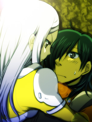 hio (artist), allelujah haptism, soma peries, gundam, gundam 00, silver hair, lowres, 00s, 1boy, 1girl, blush, bodysuit, brown eyes, girl on top, green eyes, green hair, long hair, long sleeves, lying, on back, skin tight, sweatdrop