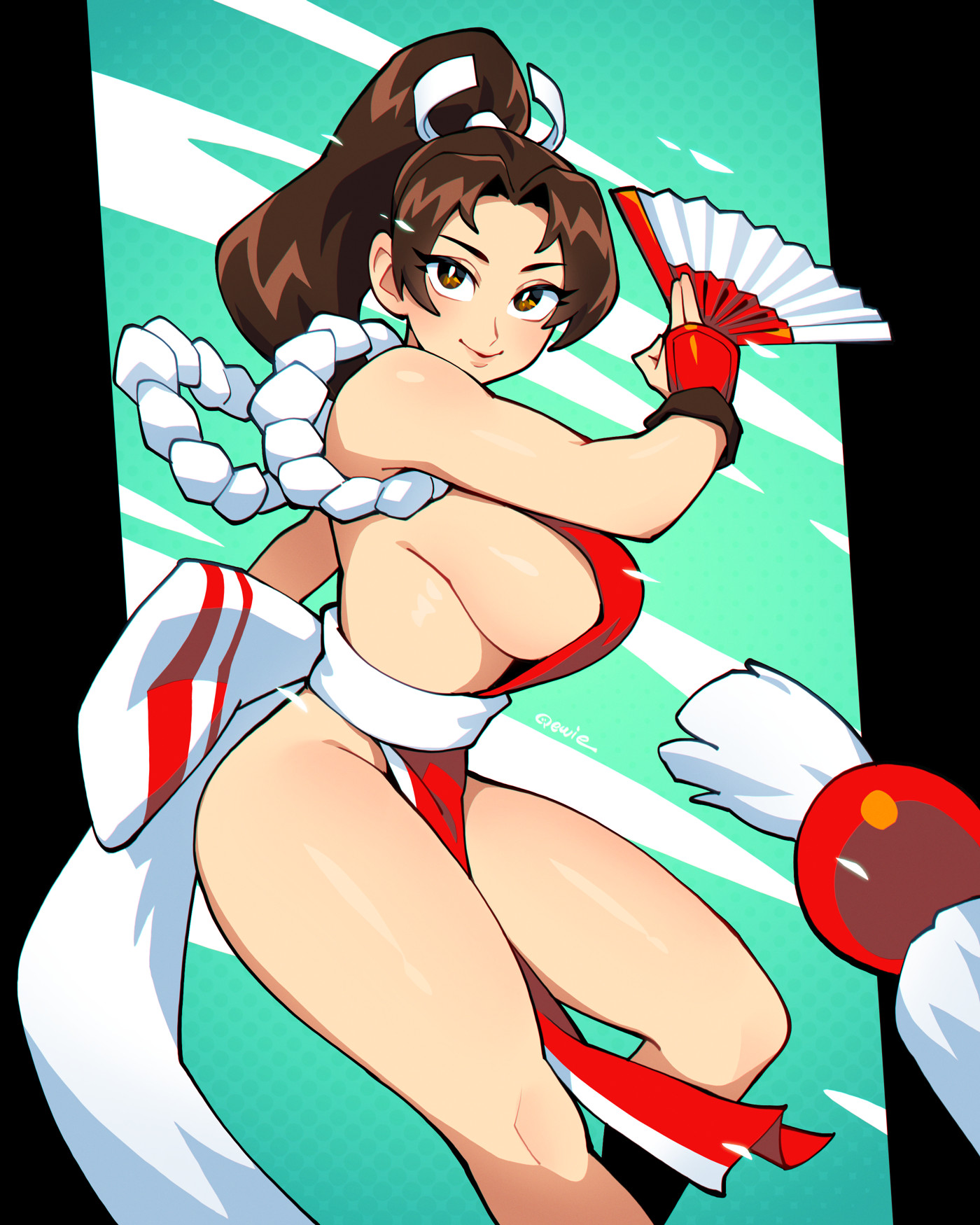 333 (dqqqdle), shiranui mai, fatal fury, the king of fighters, highres, 1girl, bare legs, bare shoulders, breasts, brown hair, hand fan, high ponytail, holding, holding fan, large breasts, looking at viewer, motoyui, ninja, no bra, ponytail, revealing clothes, sideboob, smile, solo, thighs, wrist guards