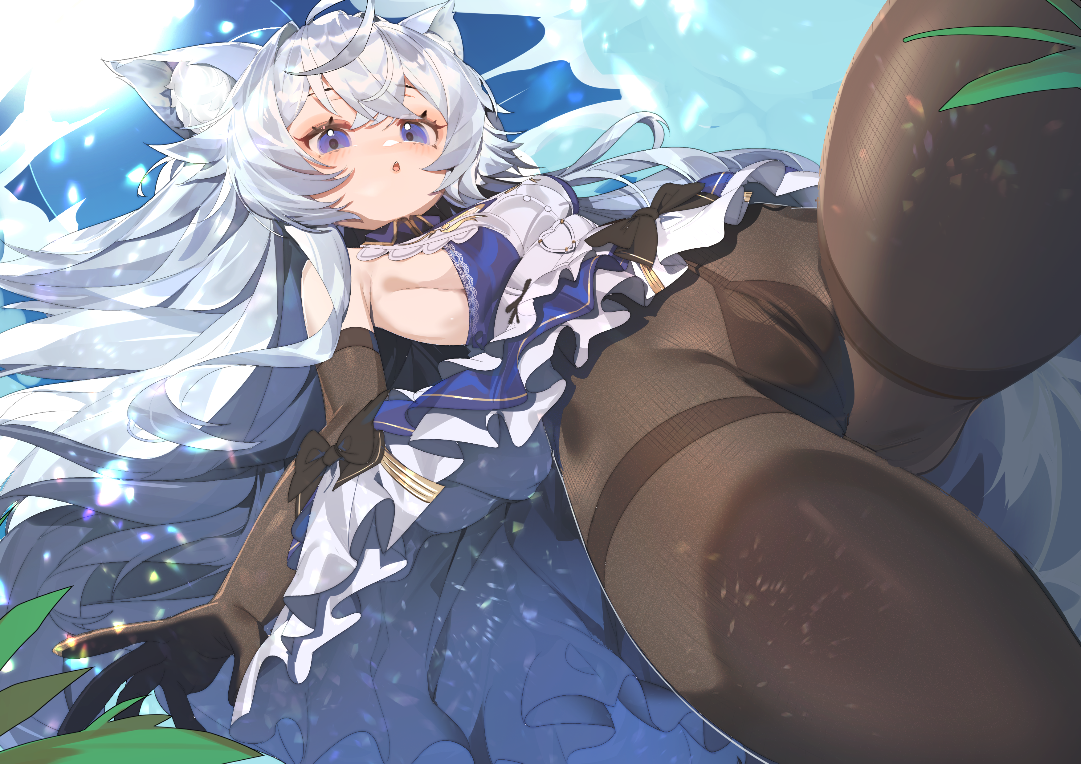 shangtianrudi xiaobailang, original, absurdres, highres, 1girl, animal ear fluff, animal ears, armpits, black gloves, black pantyhose, blue eyes, breasts, cameltoe, dress, elbow gloves, eyebrows hidden by hair, falling, gloves, hair between eyes, leg up, lens flare, long hair, looking up, medium breasts, open mouth, pantyhose, sideboob, sleeveless, sleeveless dress, solo, very long hair, white dress, white hair, wolf ears