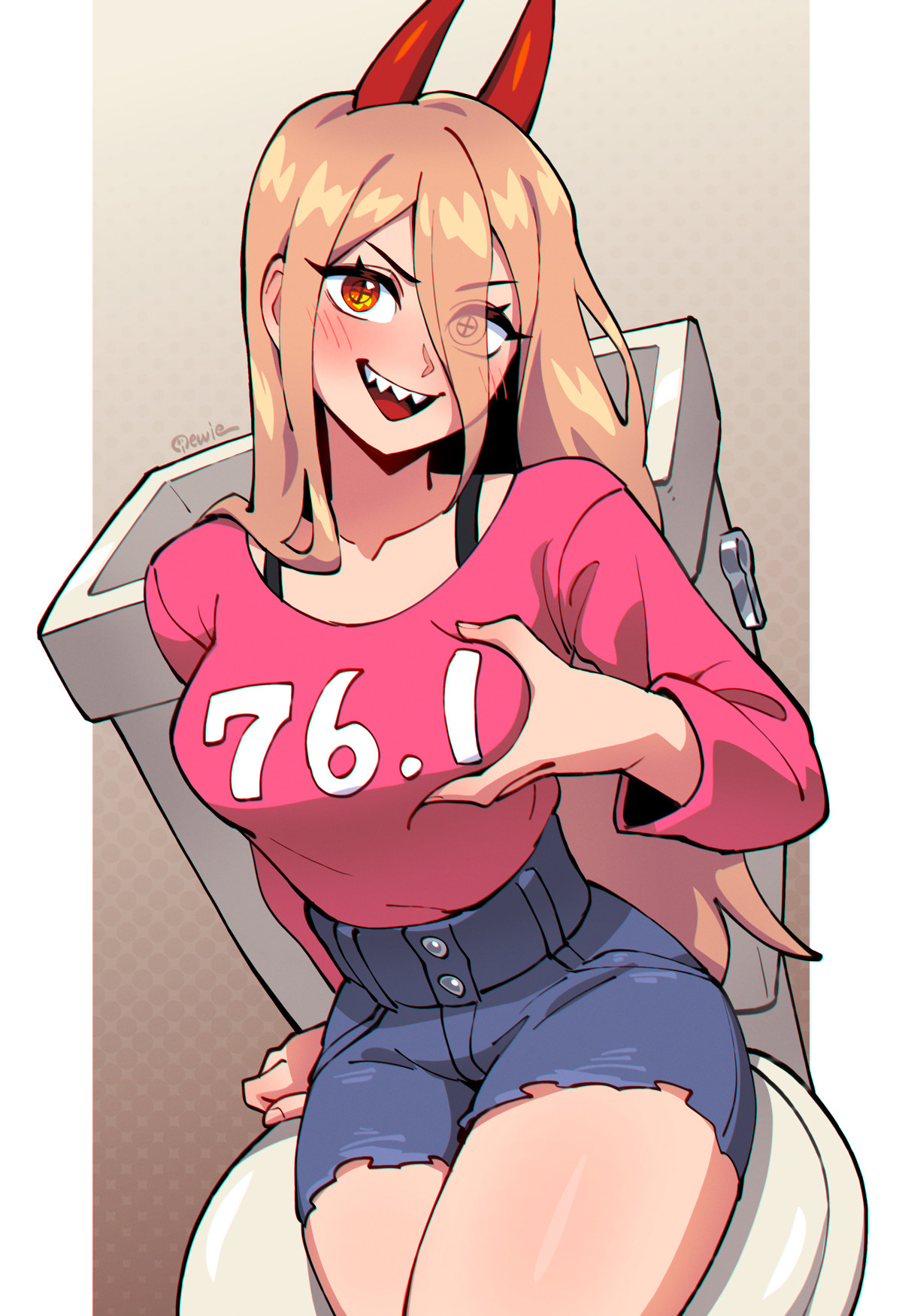 333 (dqqqdle), power (chainsaw man), chainsaw man, highres, 1girl, artist name, blonde hair, breasts, clothes writing, cross-shaped pupils, demon girl, demon horns, grabbing own breast, hair between eyes, high-waist shorts, horns, long hair, long sleeves, looking at viewer, open mouth, red horns, sharp teeth, short shorts, shorts, signature, sitting, smile, solo, symbol-shaped pupils, teeth