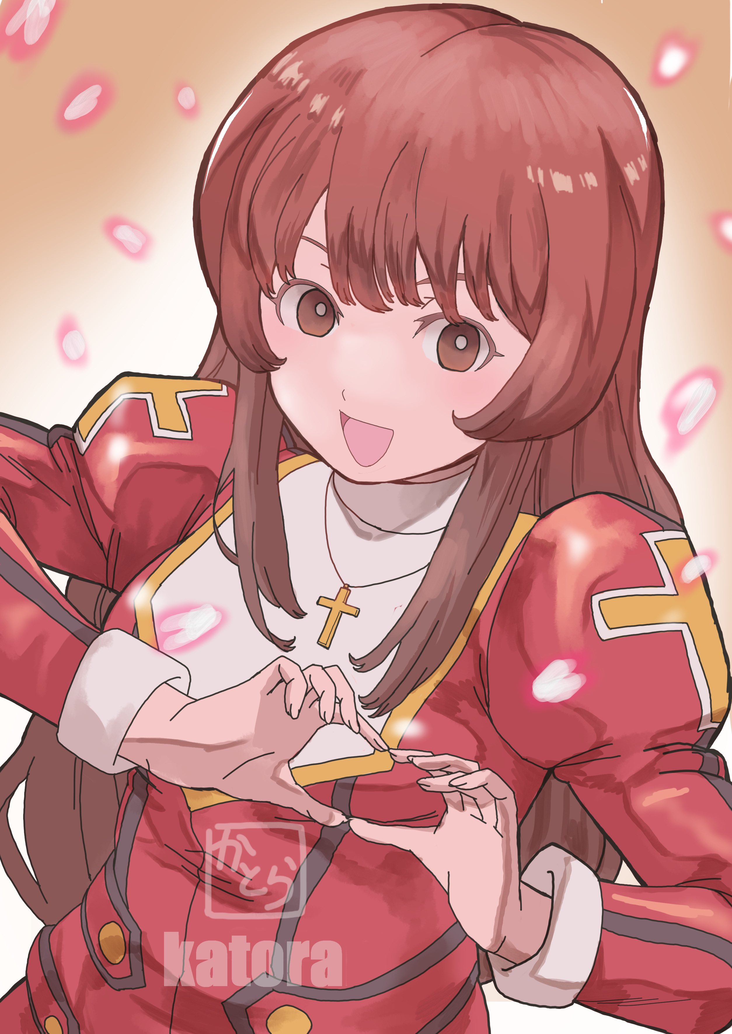k katora, erica fontaine, sakura taisen, sakura taisen iii, absurdres, highres, blush, brown eyes, brown hair, cherry blossoms, collar, cross, dress, heart, heart hands, juliet sleeves, latin cross, long hair, long sleeves, looking at viewer, low-tied long hair, open mouth, petals, puffy sleeves, red dress, sidelocks, white collar