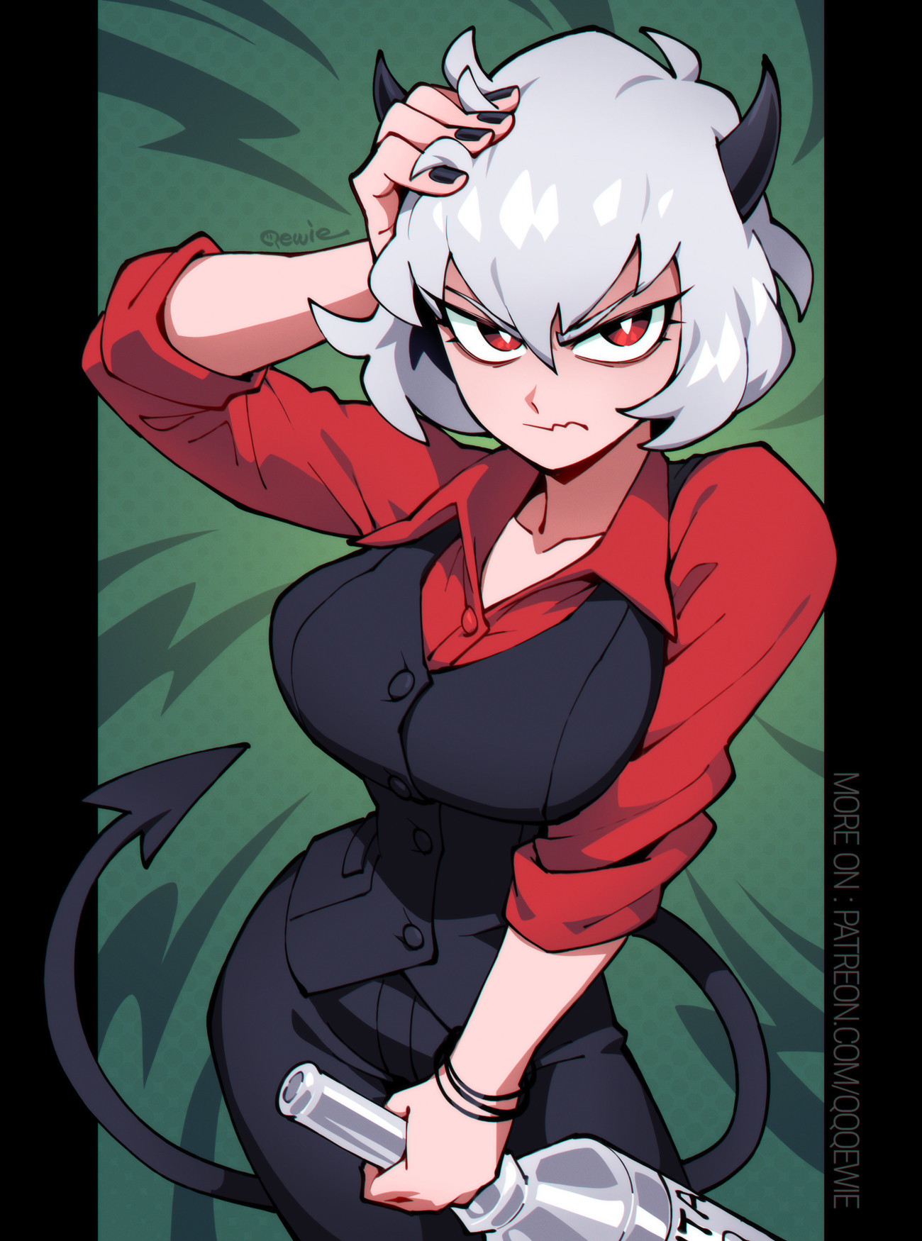 333 (dqqqdle), malina (helltaker), helltaker, highres, 1girl, alcohol, annoyed, black border, black horns, black nails, black tail, black vest, blush, border, bottle, breasts, demon girl, demon horns, demon tail, green background, hand in own hair, holding, holding bottle, horns, large breasts, looking at viewer, pantyhose, red eyes, red shirt, shirt, short hair, solo, tail, vest, vodka, waistcoat, white hair