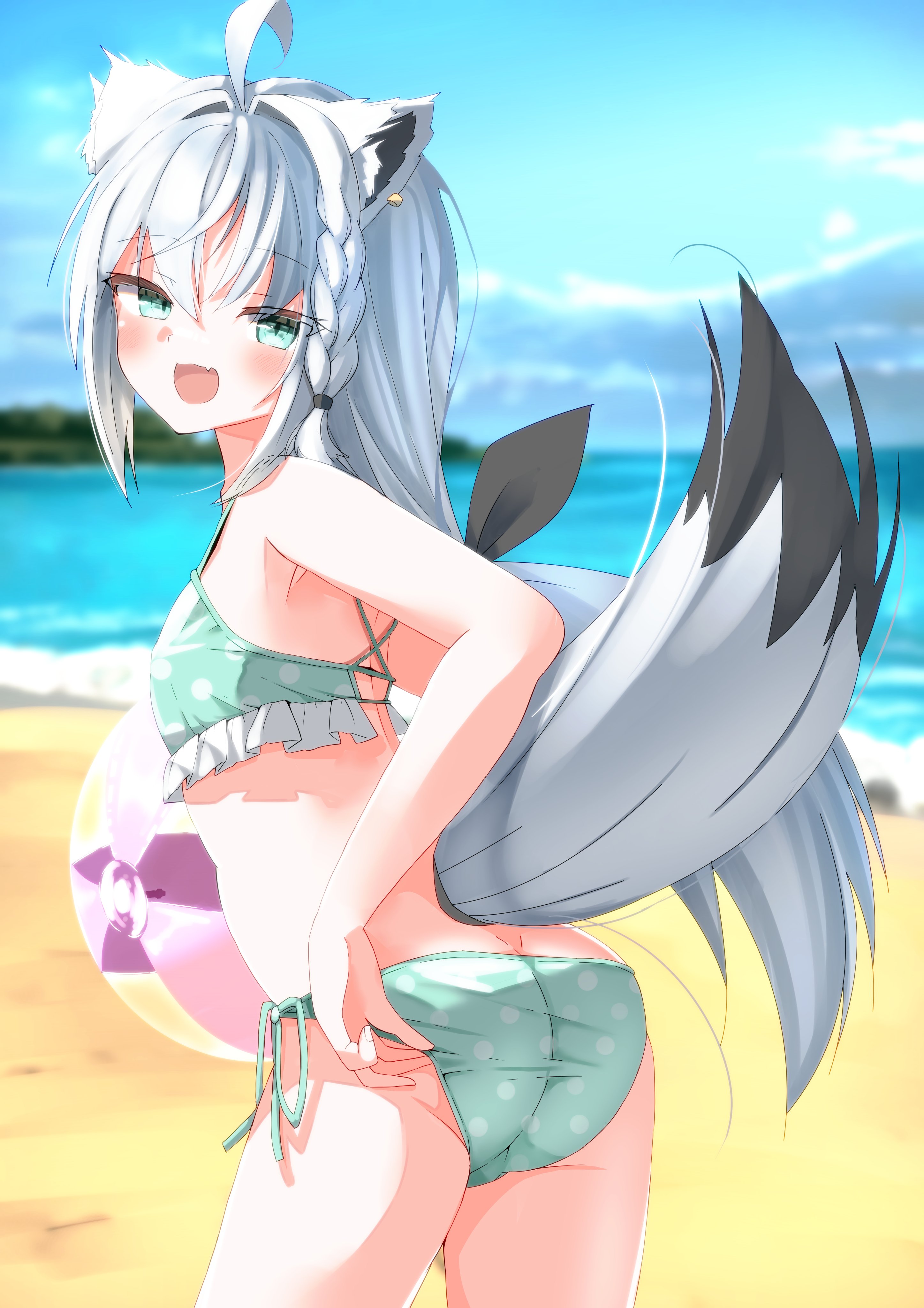 shirayuki (snow link), shirakami fubuki, hololive, absurdres, highres, 1girl, adjusting clothes, adjusting swimsuit, ahoge, animal ears, aqua eyes, armpits, ball, beach, beachball, bikini, blue sky, blush, braid, cloud, cowboy shot, day, fang, fox ears, fox girl, fox tail, from side, hair ribbon, island, long hair, looking at viewer, looking back, open mouth, outdoors, polka dot, polka dot bikini, ribbon, sand, side-tie bikini bottom, skin fang, sky, solo, swimsuit, tail, tail raised, turning head, virtual youtuber, waves, white hair