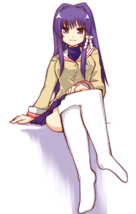 hane (hanegoya), fujibayashi kyou, clannad, 00s, 1girl, bad anatomy, bad feet, crossed legs, feet, female focus, poorly drawn, sitting, solo, thighhighs