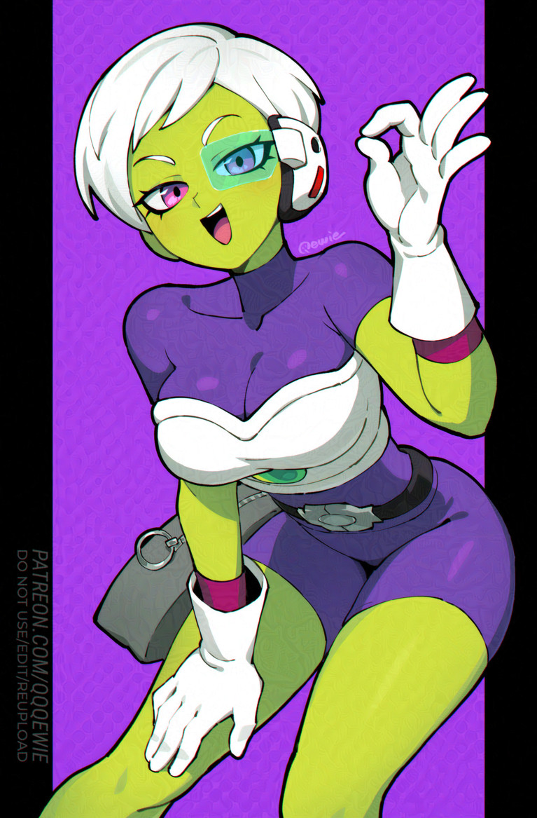 333 (dqqqdle), cheelai, dragon ball, dragon ball super, dragon ball super broly, 1girl, bodysuit, breasts, colored skin, gloves, green skin, looking at viewer, open mouth, pixie cut, purple bodysuit, purple eyes, scouter, short hair, solo, tinted eyewear, white gloves, white hair