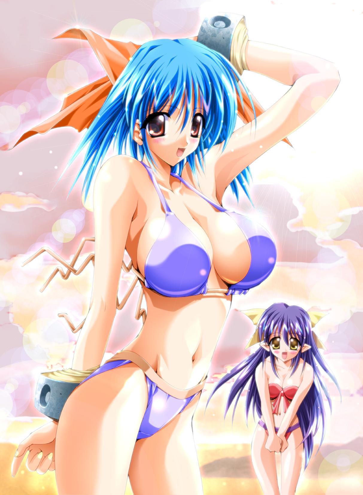 asuka keisuke, alicia (lunar wing), patti (lunar wing), lunar wing, highres, bikini, blue hair, blush, breasts, cleavage, hair ribbon, large breasts, long hair, pointy ears, purple hair, red eyes, ribbon, short hair, swimsuit, yellow eyes