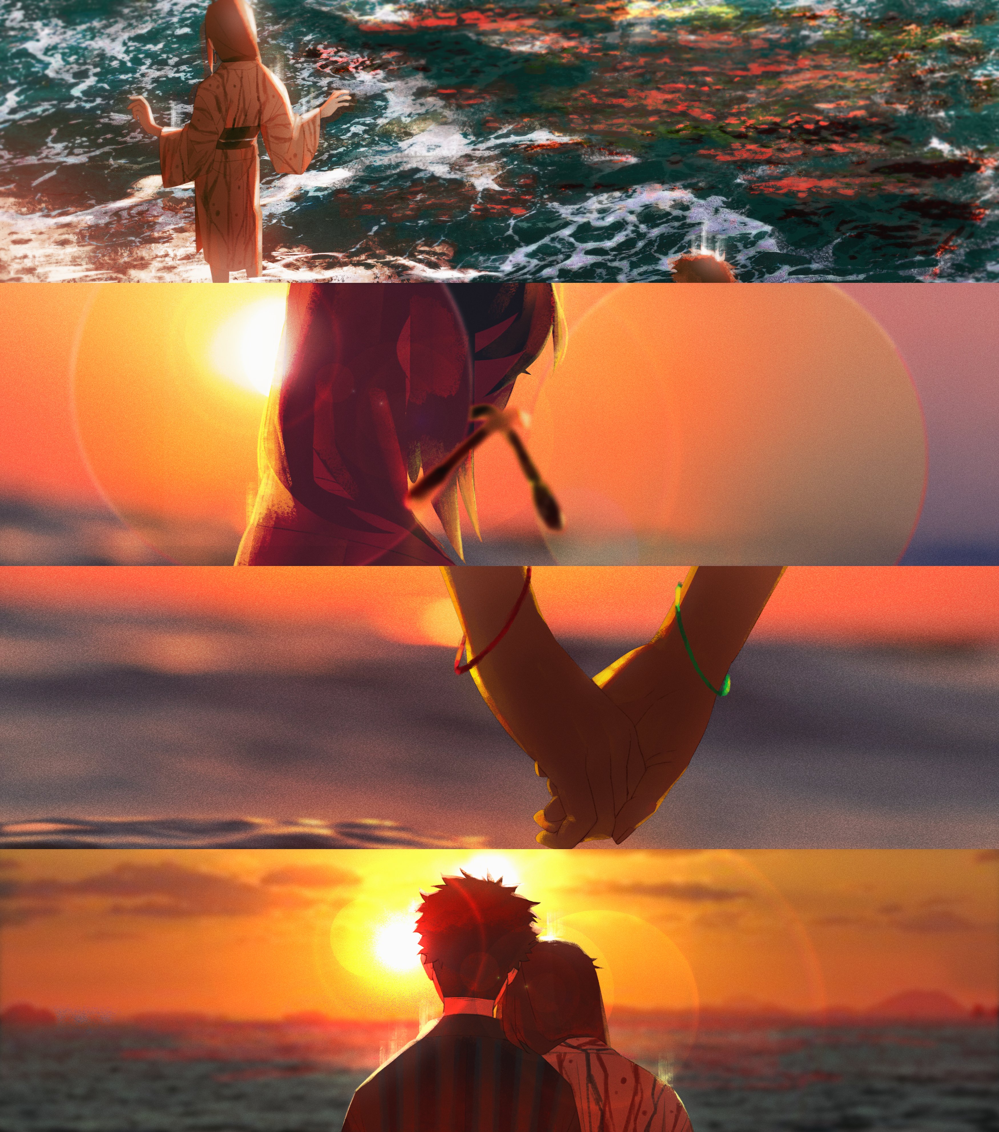 zoom ret, ayase momo, takakura ken (dandadan), dandadan, absurdres, commentary, highres, 1boy, 1girl, black hair, blurry, blurry background, bracelet, brown hair, from behind, holding hands, horizon, japanese clothes, jewelry, kimono, multiple views, ocean, orange sky, outdoors, sash, short hair, sky, summer, sunset, upper body, waves, yukata