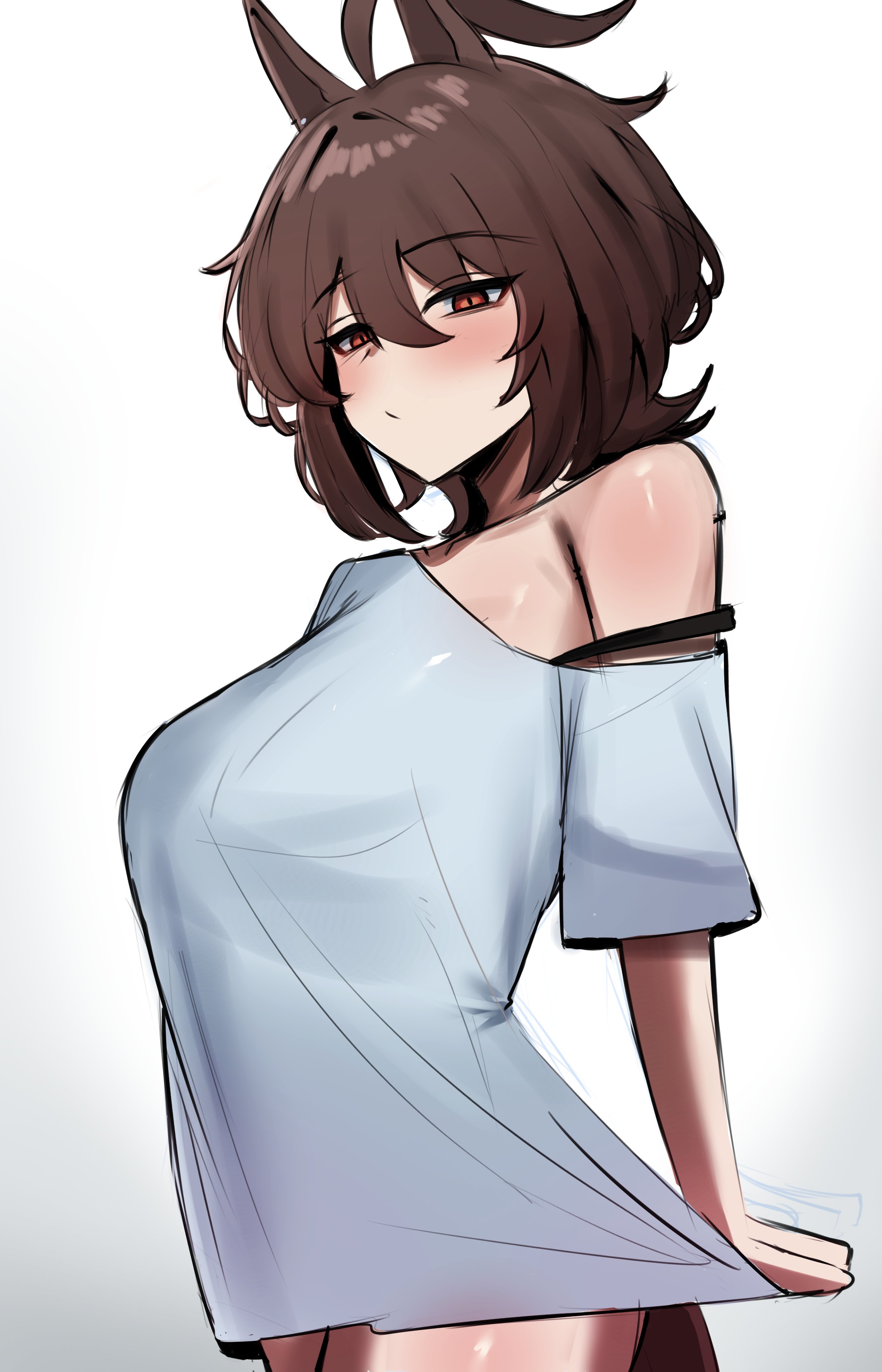 iog626, agnes tachyon (umamusume), umamusume, absurdres, commentary, english commentary, highres, 1girl, ahoge, animal ears, bra strap, breasts, brown hair, cowgirl position, from side, hair between eyes, horse ears, horse girl, large breasts, looking at viewer, naked shirt, off shoulder, oversized clothes, oversized shirt, red eyes, shirt, shirt tug, simple background, sketch, solo, straddling, white background