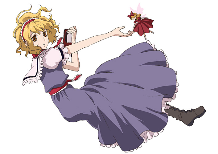 umishima senbon, alice margatroid, shanghai doll, touhou, 1girl, black boots, blonde hair, blue dress, book, boots, capelet, dress, female focus, floating hair, full body, hairband, lace-up boots, looking at viewer, looking to the side, orange eyes, outstretched arm, puffy short sleeves, puffy sleeves, sash, short hair, short sleeves, simple background, solo, white background