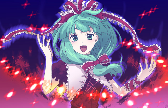 umishima senbon, kagiyama hina, touhou, 1girl, danmaku, dress, female focus, front ponytail, green eyes, green hair, long hair, looking at viewer, matching hair/eyes, open mouth, puffy short sleeves, puffy sleeves, red dress, red ribbon, ribbon, short sleeves, solo, teeth, upper body