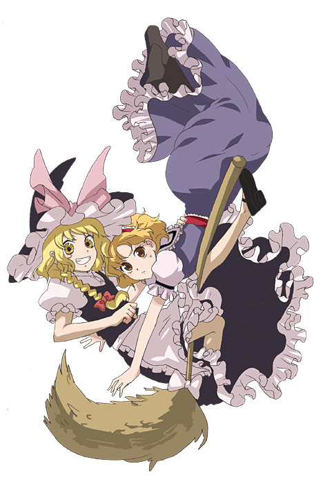 umishima senbon, alice margatroid, kirisame marisa, touhou, 2girls, broom, broom riding, dress, female focus, full body, hat, hug, multiple girls, simple background, white background