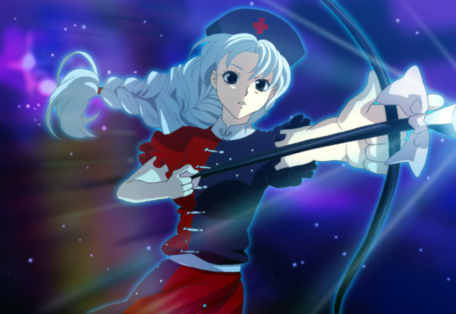 umishima senbon, yagokoro eirin, touhou, 1girl, anime coloring, bow (weapon), female focus, solo, weapon