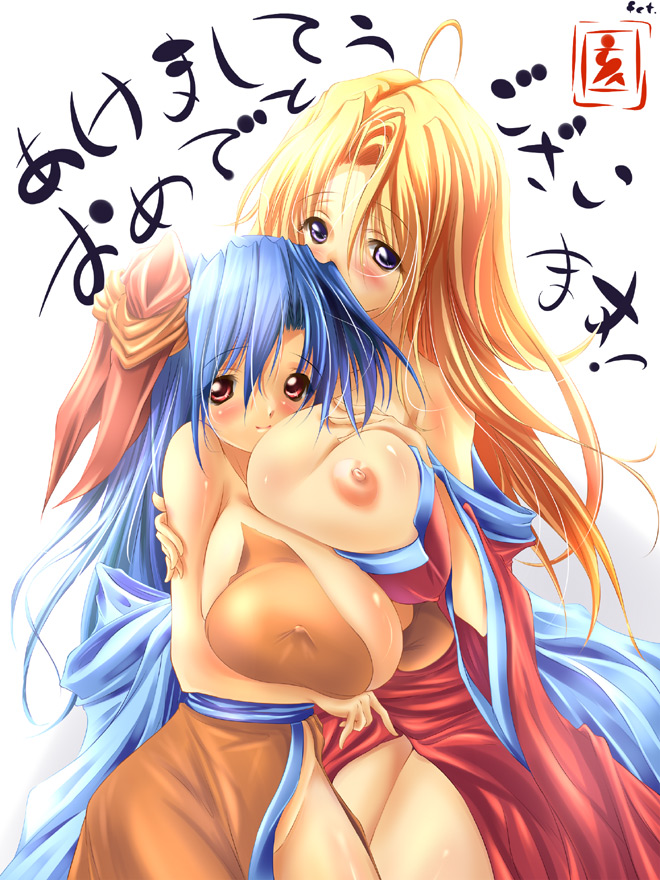 fct, sara da pranzo, sdp, byunei, rocbouquet, rocbouquet (saga), romancing saga, romancing saga 2, romancing saga 3, saga, 2girls, blonde hair, blue hair, breasts, hug, huge breasts, large breasts, long hair, multiple girls, nipples, no bra, purple eyes, red eyes