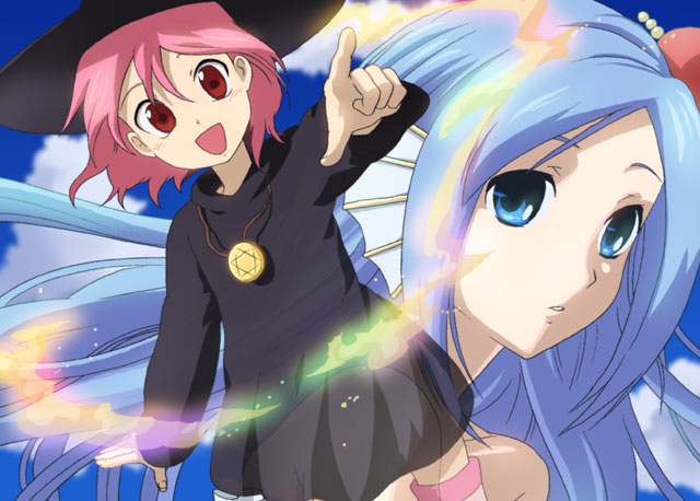 umishima senbon, undine, original, 2girls, blue eyes, blue hair, fins, hat, head fins, hexagram, jewelry, long hair, magic, multiple girls, necklace, pendant, pink hair, pointing, red eyes, thighhighs, witch, witch hat
