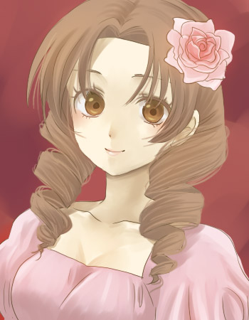 umishima senbon, lowres, tagme, brown eyes, brown hair, drill hair, flower, rose, solo