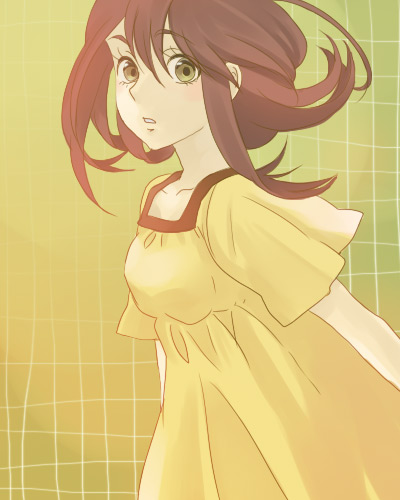 umishima senbon, lowres, tagme, 1girl, brown hair, dress, female focus, solo
