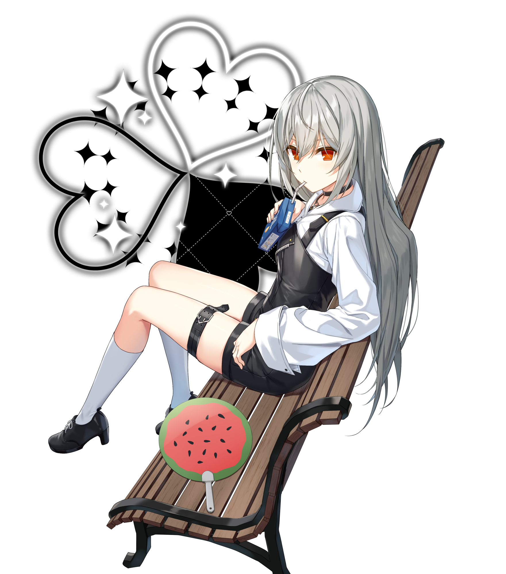 tina (closers), closers, highres, official art, 1girl, belt, bench, black choker, black overalls, black shoes, choker, collared shirt, full body, grey hair, high heels, juice box, kneehighs, long hair, long sleeves, looking at viewer, overall shorts, overalls, park bench, red eyes, shirt, shoes, short shorts, shorts, simple background, sitting, socks, solo, thigh belt, thigh strap, thighs, white background, white shirt, white socks