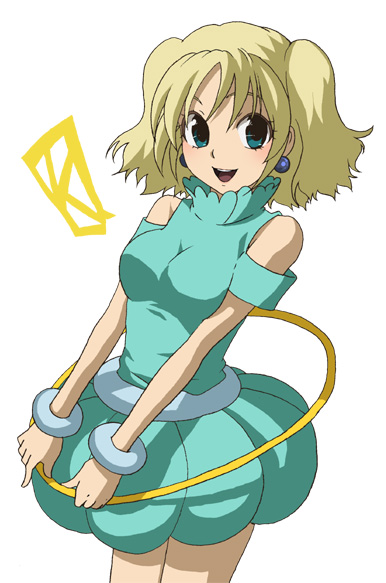 umishima senbon, 1girl, :d, bare shoulders, blonde hair, bracelet, breasts, bubble skirt, earrings, female focus, green eyes, green skirt, jewelry, large breasts, looking at viewer, open mouth, simple background, skirt, smile, solo, sweater vest, white background