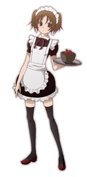 umishima senbon, original, brown eyes, brown hair, legs, maid, solo, thighhighs, tray