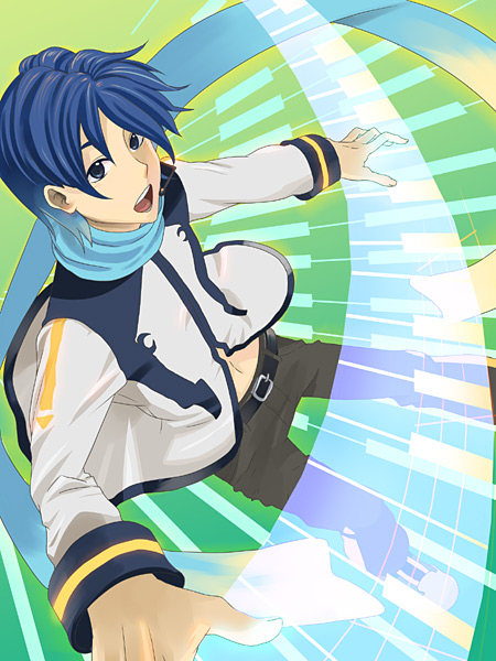 umishima senbon, kaito (vocaloid), vocaloid, 1boy, blue hair, blue scarf, male focus, scarf, short hair, solo