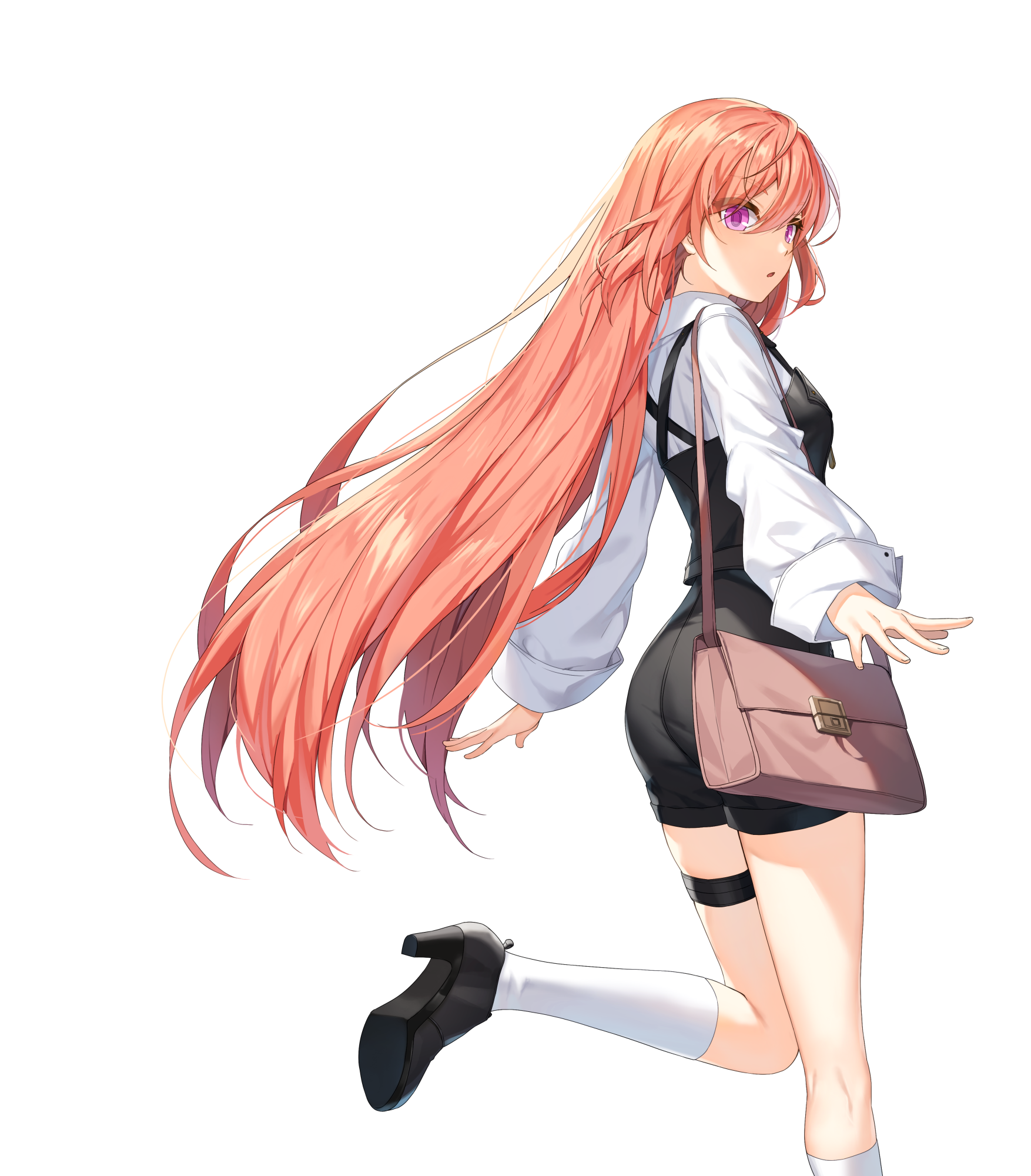 luna aegis (closers), closers, highres, official art, 1girl, ass, bag, black shoes, black shorts, from side, high heels, kneehighs, leg up, long hair, long sleeves, looking at viewer, looking to the side, orange hair, parted lips, pink eyes, shirt, shoes, short shorts, shorts, shoulder bag, simple background, socks, solo, thigh strap, thighs, very long hair, white background, white shirt, white socks