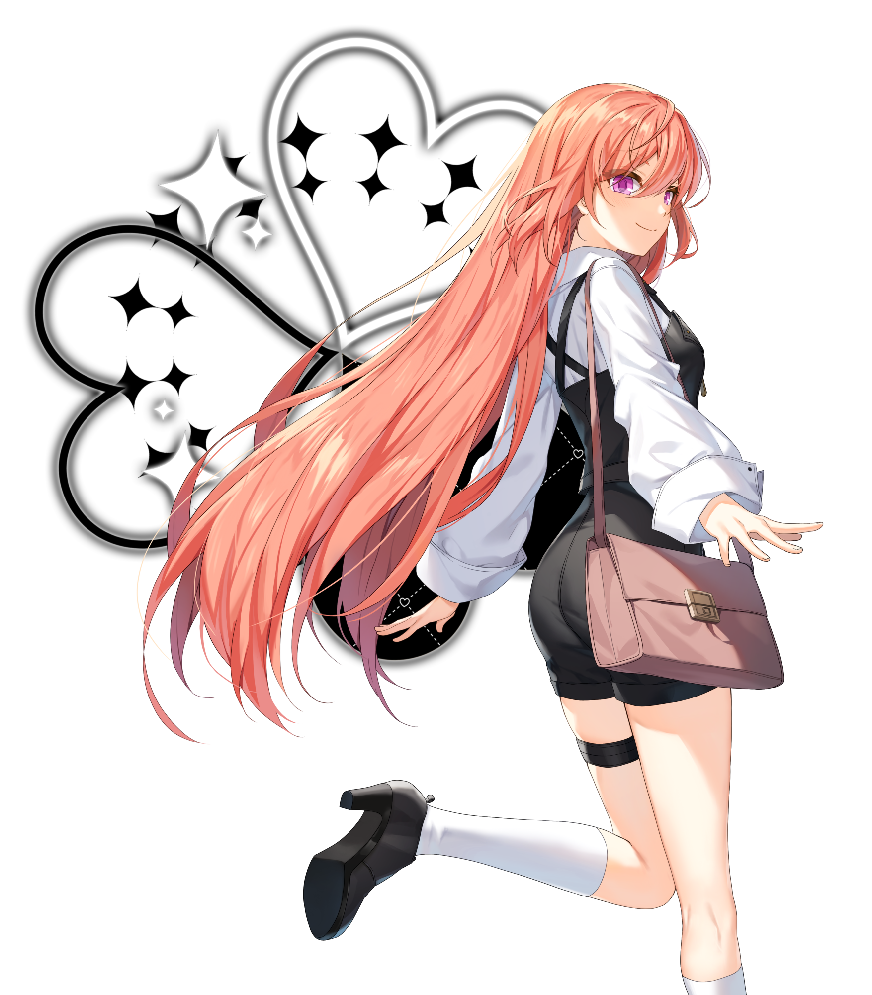 luna aegis (closers), closers, highres, official art, 1girl, ass, bag, black shoes, black shorts, closed mouth, from side, high heels, kneehighs, leg up, long hair, long sleeves, looking at viewer, looking to the side, orange hair, pink eyes, shirt, shoes, short shorts, shorts, shoulder bag, simple background, smile, socks, solo, thigh strap, thighs, very long hair, white background, white shirt, white socks