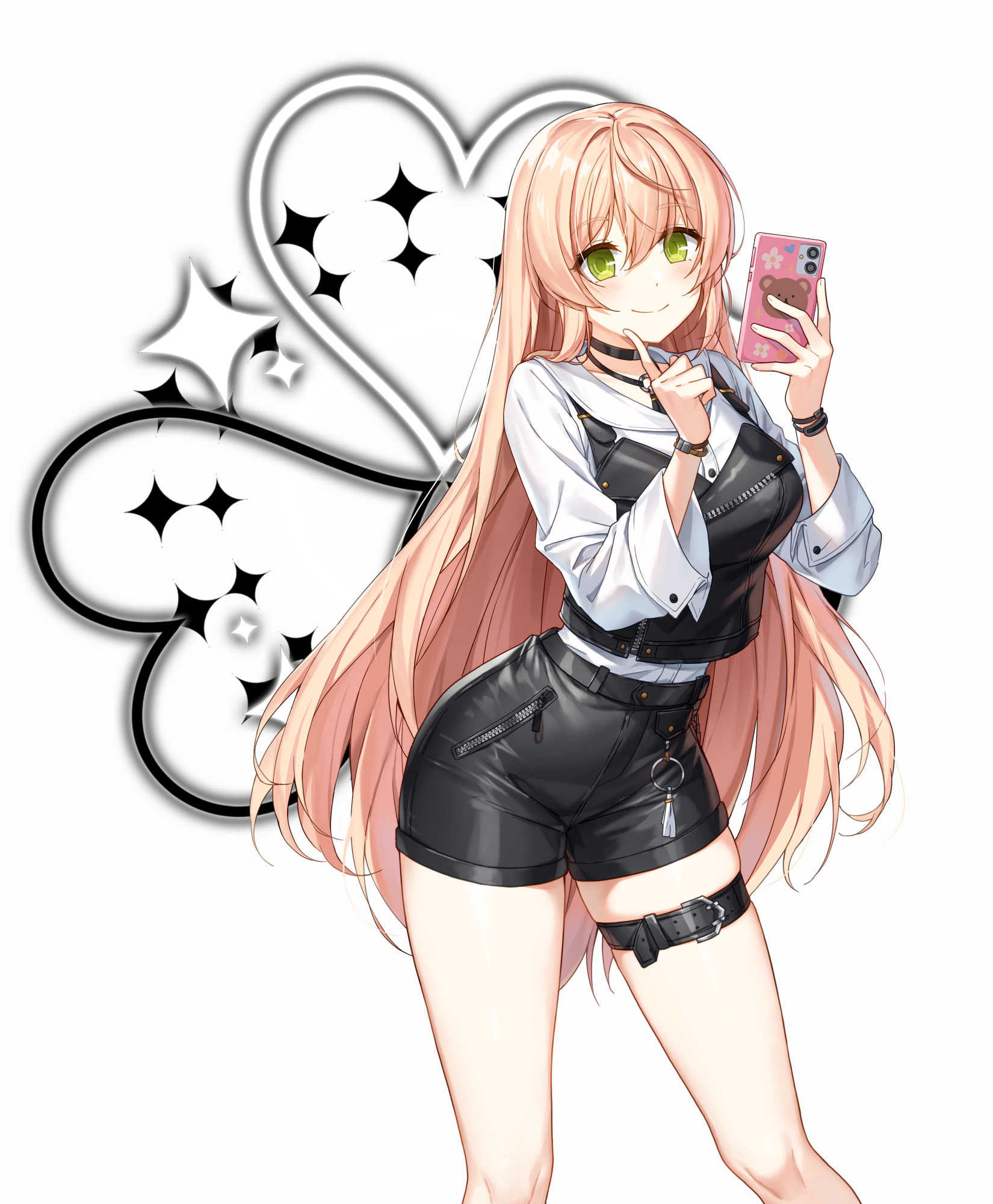 soma (closers), closers, highres, official art, 1girl, belt, black choker, black shorts, blonde hair, breasts, cellphone, choker, closed mouth, collared shirt, green eyes, hands up, high-waist shorts, holding, holding phone, index finger raised, large breasts, long hair, long sleeves, looking at viewer, phone, shirt, shirt overhang, short shorts, shorts, simple background, smartphone, smile, solo, thigh belt, thigh strap, thighs, very long hair, white background, white shirt, wristband
