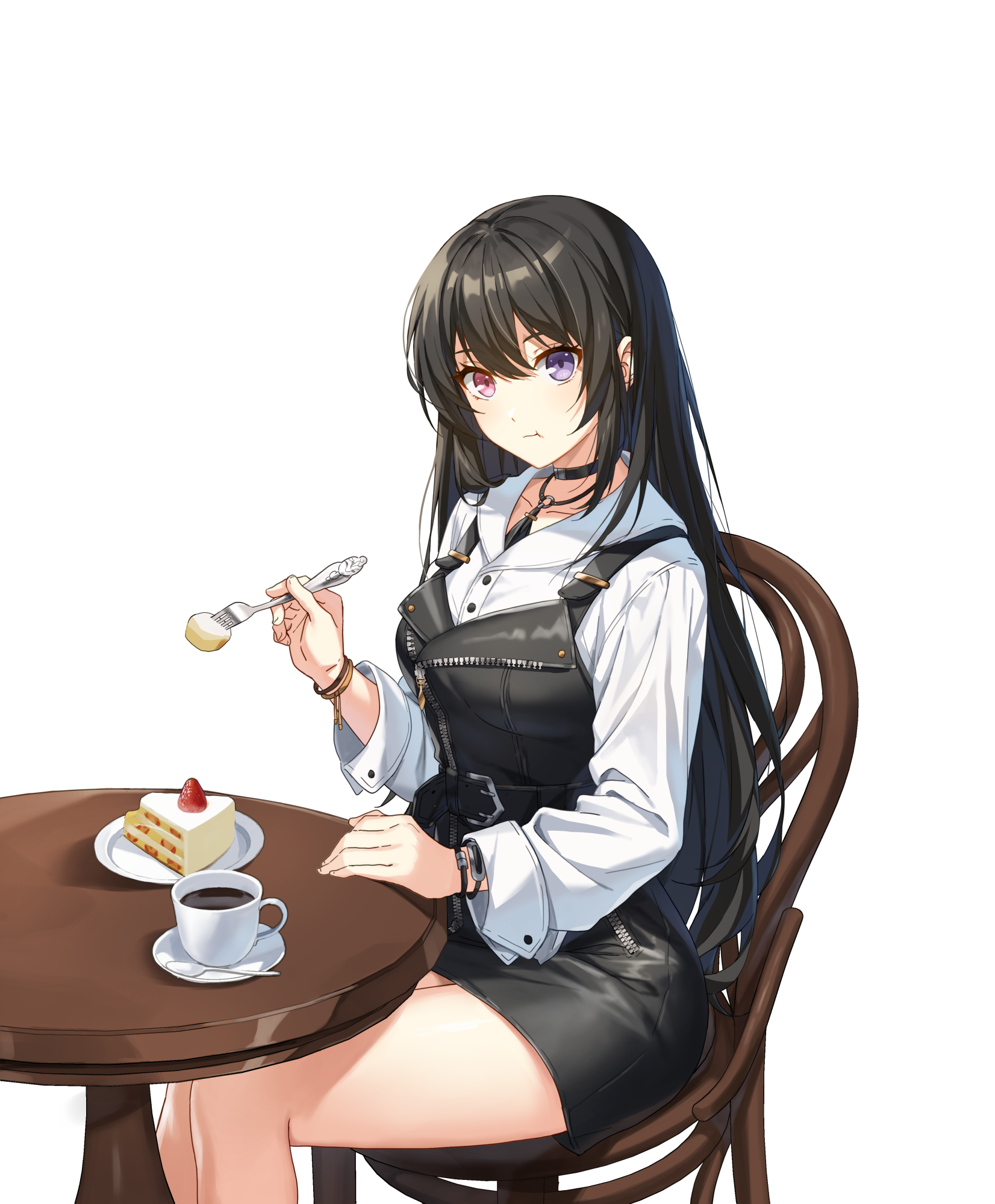 bai winchester, closers, highres, official art, 1girl, :t, belt, black choker, black hair, black skirt, breasts, buttons, cake, cake slice, chair, choker, closed mouth, coffee mug, collared shirt, cup, food, fork, hand up, heterochromia, holding, holding fork, long hair, long sleeves, looking at viewer, miniskirt, mug, pink eyes, purple eyes, shirt, simple background, sitting, skirt, solo, table, thighs, very long hair, white background, white shirt, wristband