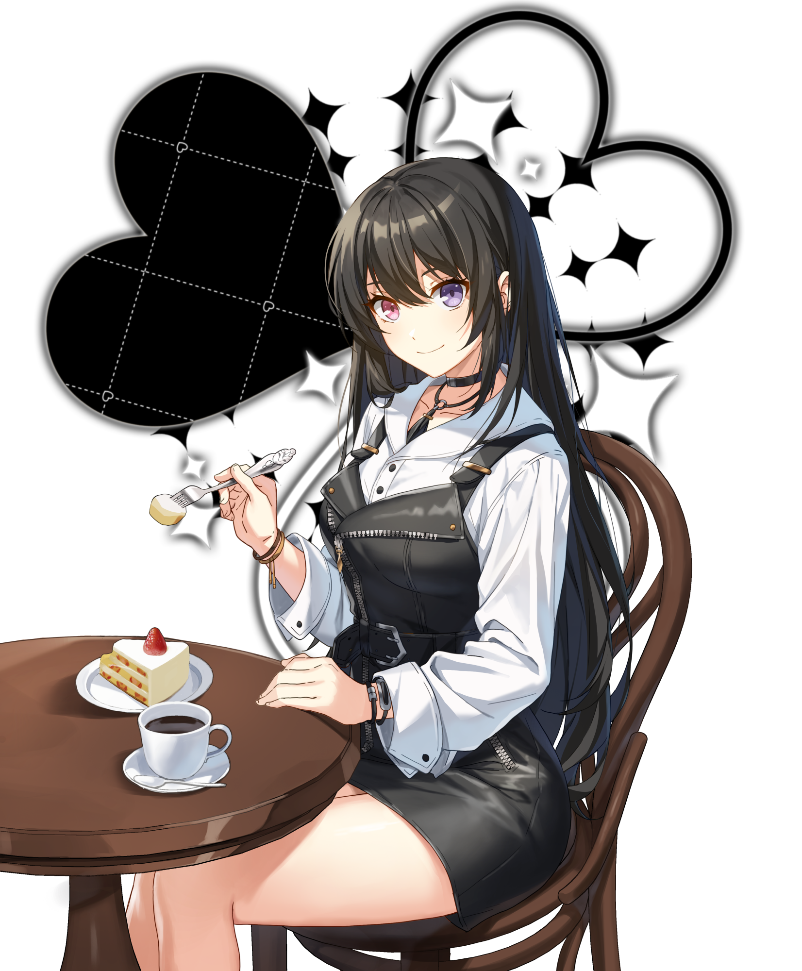 bai winchester, closers, highres, official art, 1girl, belt, black choker, black hair, black skirt, breasts, buttons, cake, cake slice, chair, choker, closed mouth, coffee mug, collared shirt, cup, food, fork, hand up, heterochromia, holding, holding fork, long hair, long sleeves, looking at viewer, miniskirt, mug, pink eyes, purple eyes, shirt, simple background, sitting, skirt, smile, solo, table, thighs, very long hair, white background, white shirt, wristband