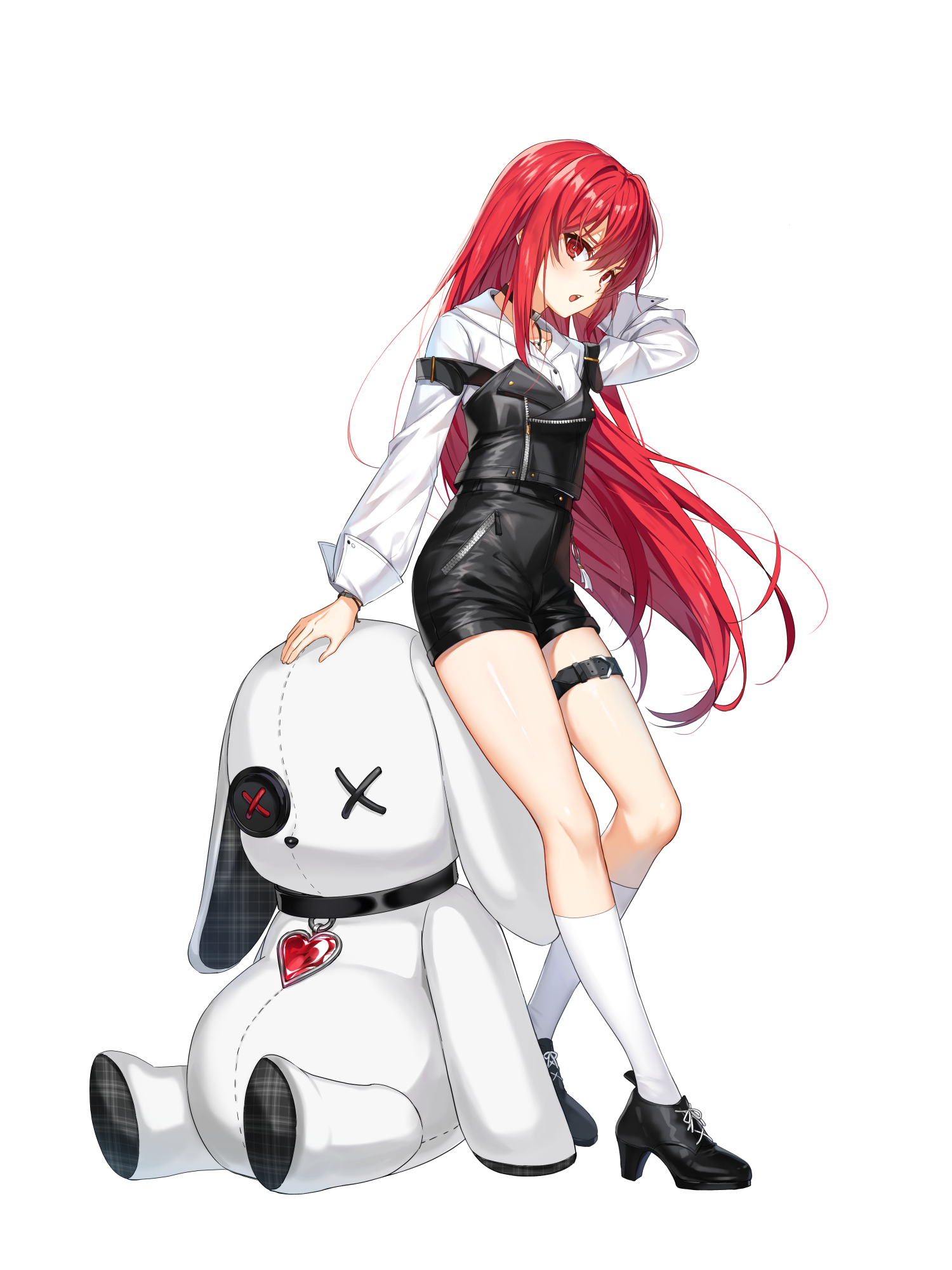 seth (closers), closers, highres, official art, 1girl, black choker, black shoes, black shorts, choker, collared shirt, full body, hand up, high-waist shorts, high heels, kneehighs, long hair, long sleeves, looking at viewer, open mouth, red eyes, red hair, shirt, shoes, short shorts, shorts, simple background, socks, solo, strap slip, stuffed animal, stuffed rabbit, stuffed toy, thigh strap, thighs, v-shaped eyebrows, very long hair, white background, white shirt, white socks