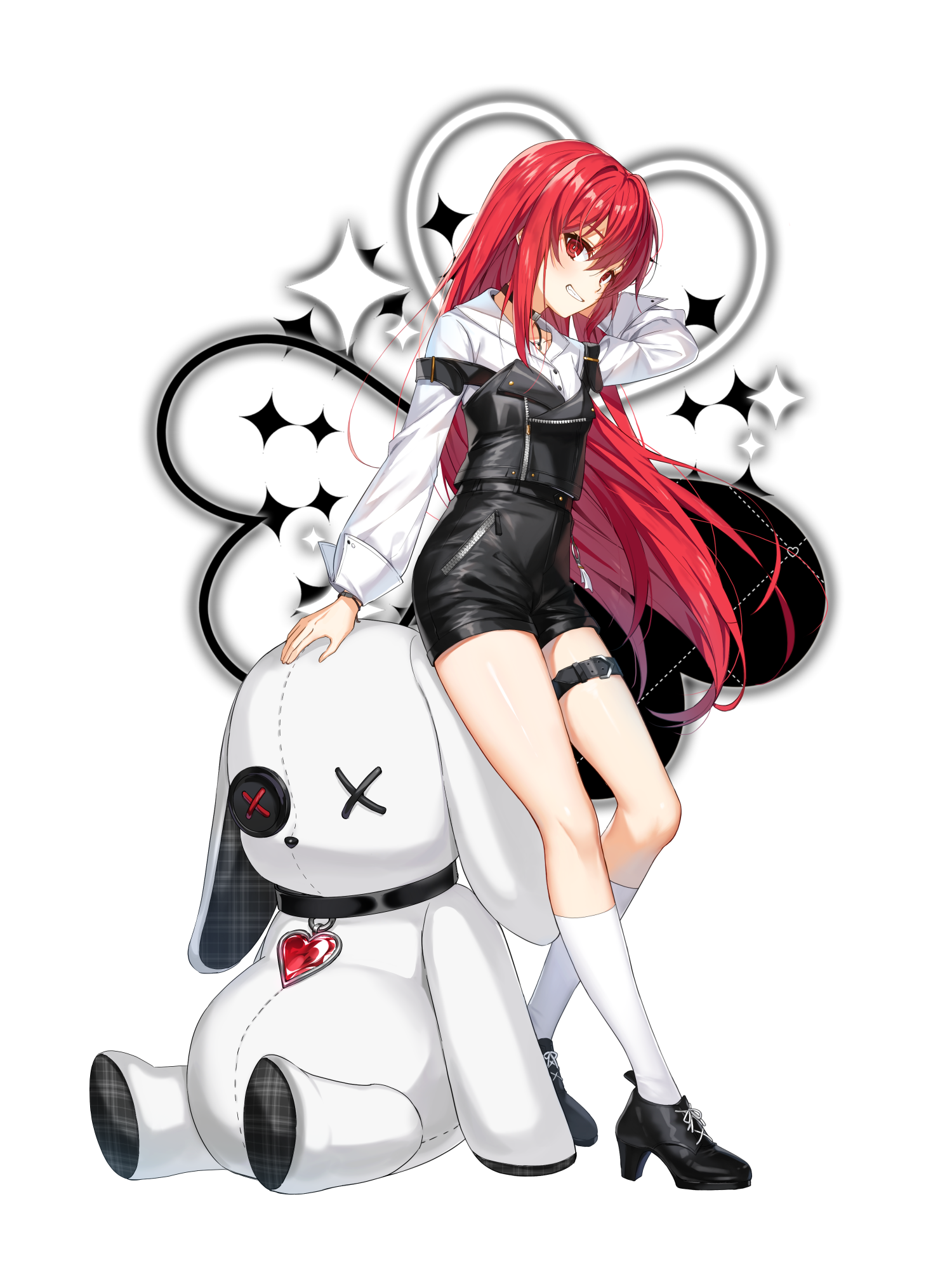 seth (closers), closers, highres, official art, 1girl, black choker, black shoes, black shorts, choker, collared shirt, full body, grin, hand up, high-waist shorts, high heels, kneehighs, long hair, long sleeves, looking at viewer, red eyes, red hair, shirt, shoes, short shorts, shorts, simple background, smile, socks, solo, strap slip, stuffed animal, stuffed rabbit, stuffed toy, thigh strap, thighs, very long hair, white background, white shirt, white socks