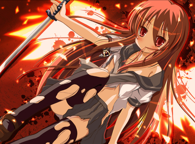 kawai kei (artist), alastor (shakugan no shana), kawai kei, shana, shakugan no shana, 00s, 1girl, female focus, jewelry, pendant, red hair, solo, sword, torn clothes, weapon