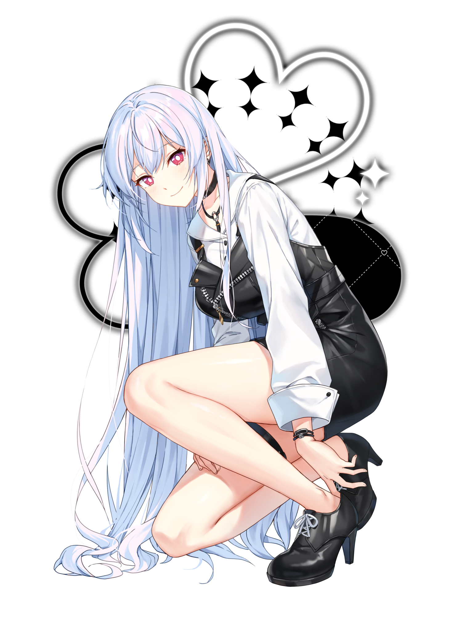 mirae (closers), closers, highres, official art, 1girl, bare legs, black choker, black overalls, black shoes, black skirt, breasts, bright pupils, buttons, choker, closed mouth, collared shirt, full body, high heels, large breasts, long hair, long sleeves, looking at viewer, miniskirt, on one knee, overalls, red eyes, shirt, shoes, simple background, skirt, smile, solo, thigh strap, thighs, very long hair, white background, white hair, white shirt