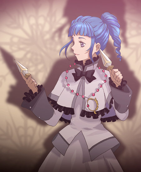 umishima senbon, ange serena, alfa system, tales of (series), tales of innocence, bad id, bad pixiv id, 1girl, blue hair, drill hair, female focus, high ponytail, ponytail, shadow, solo