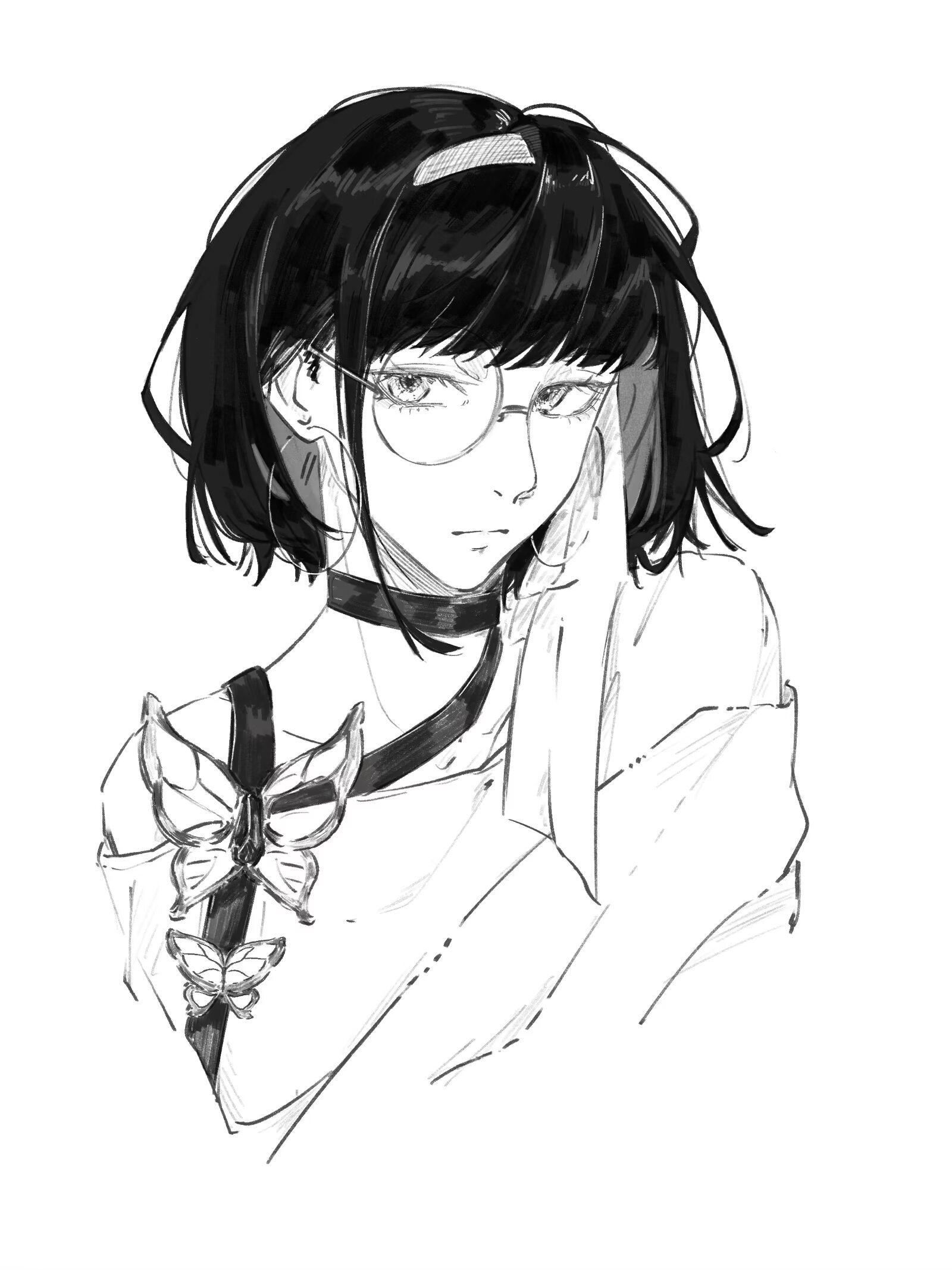 lisa (path to nowhere), path to nowhere, chinese commentary, commentary request, commission, highres, second-party source, 1girl, black choker, blunt bangs, butterfly ornament, choker, collarbone, cropped torso, earrings, expressionless, greyscale, hair behind ear, hairband, hoop earrings, jewelry, looking at viewer, monochrome, monocle, short hair, simple background, solo, upper body