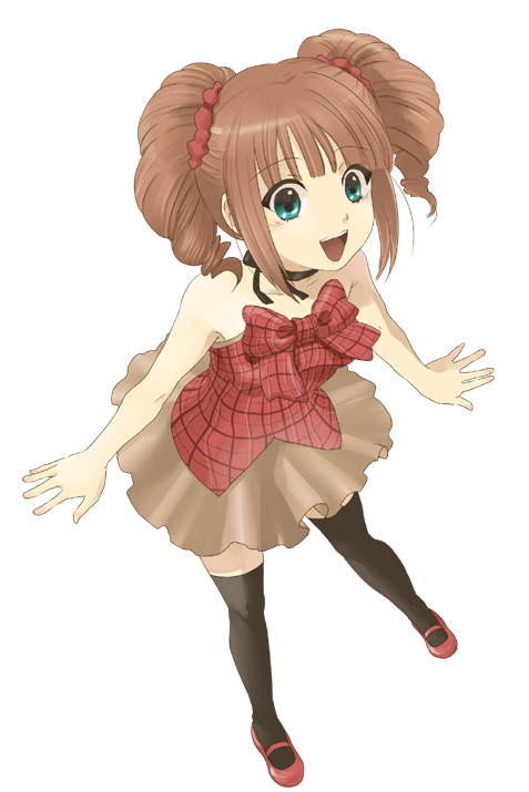 umishima senbon, takatsuki yayoi, idolmaster, idolmaster (classic), idolmaster 1, bad id, bad pixiv id, 00s, 1girl, aqua eyes, bare shoulders, brown hair, cute & girly (idolmaster), drill hair, female focus, legs, open mouth, skirt, solo, thighhighs, twintails